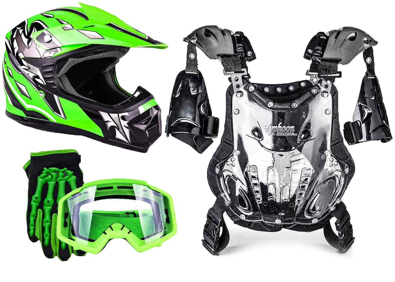 Typhoon Kids Pee Wee Offroad Gear Combo Set - Motocross Helmet, Gloves, Goggles & Chest Protector for ATV Dirt Bike Riding (Green, Large) - Perfect for Young Riders' Safety in Motocross, ATV & Offroad Adventures