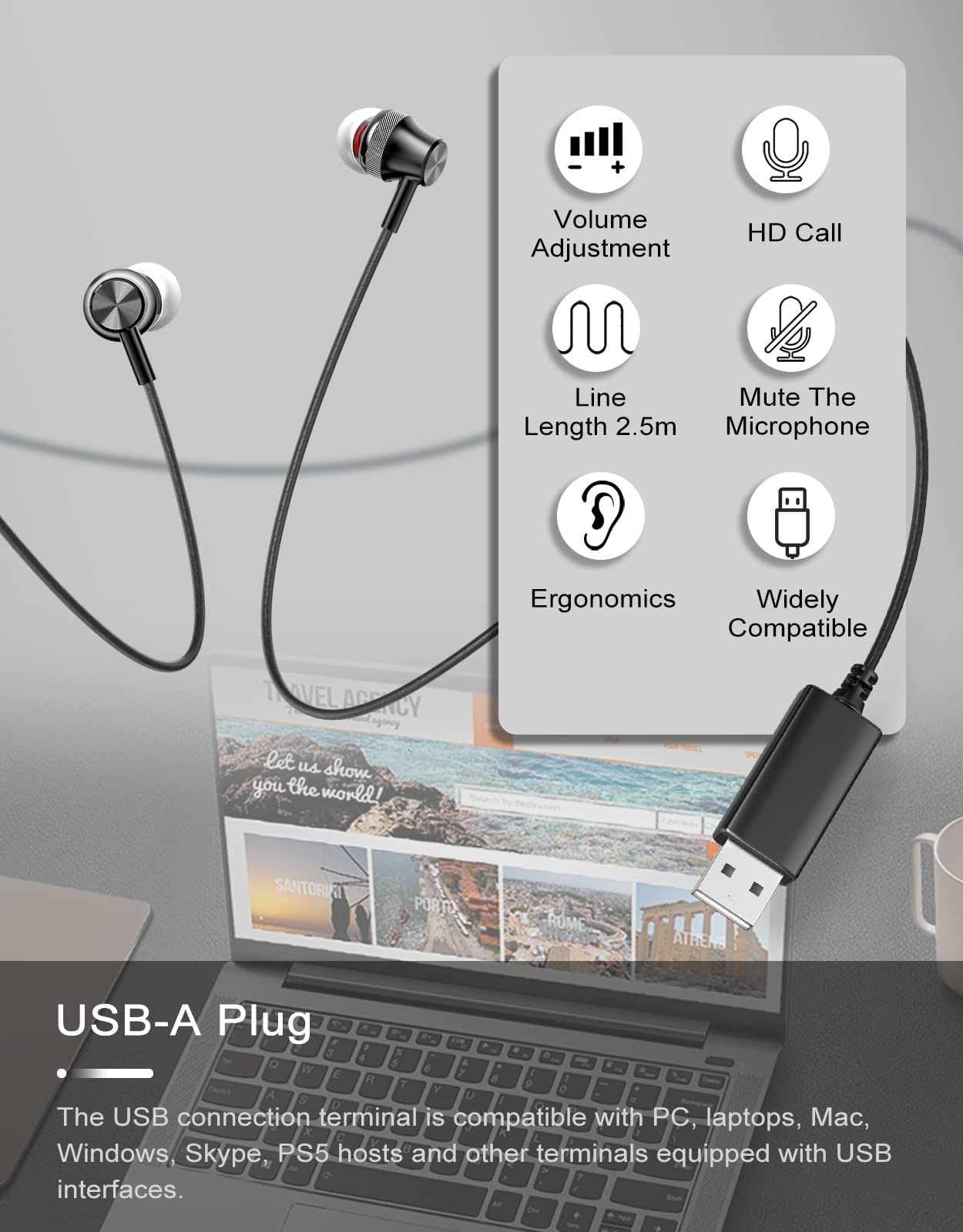 USB Gaming Headset with Microphone for PC - Noise Cancelling Mic, Mute Button & Volume Control - Stereo Sound for Office, Live Streaming, YouTube, TikTok, Video Calls & Vlogging (8.2ft Cable)