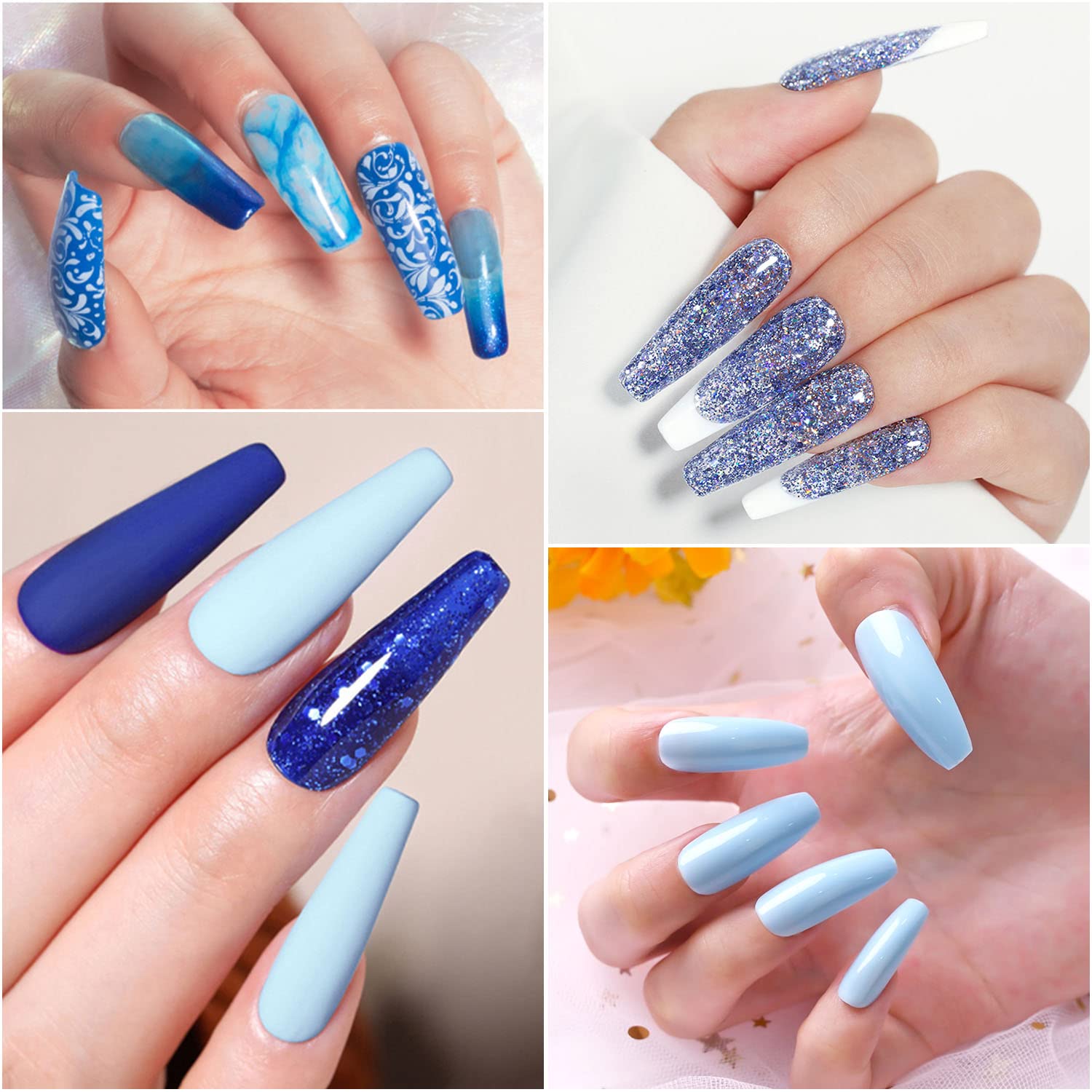 6 Colors Blue Gel Nail Polish Set - Dark Blue Glitter, Ocean Silver Sparkle Diamond Soak Off Gel Polish for Manicure | Long Lasting Nail Varnish Kit for Women | Perfect for Home Salon, Parties & Special Occasions (6x8ml)
