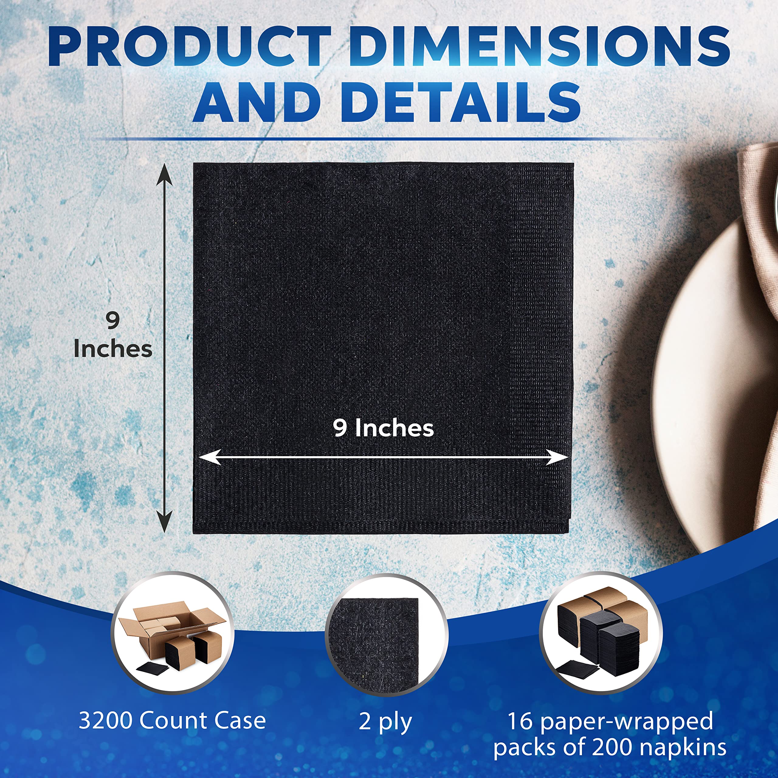 Premium Black Paper Beverage & Cocktail Napkins Bulk (2-Ply, Embossed Edge, 9x9 Inches) - 3200/Case for Restaurants, Bars, Weddings & Parties