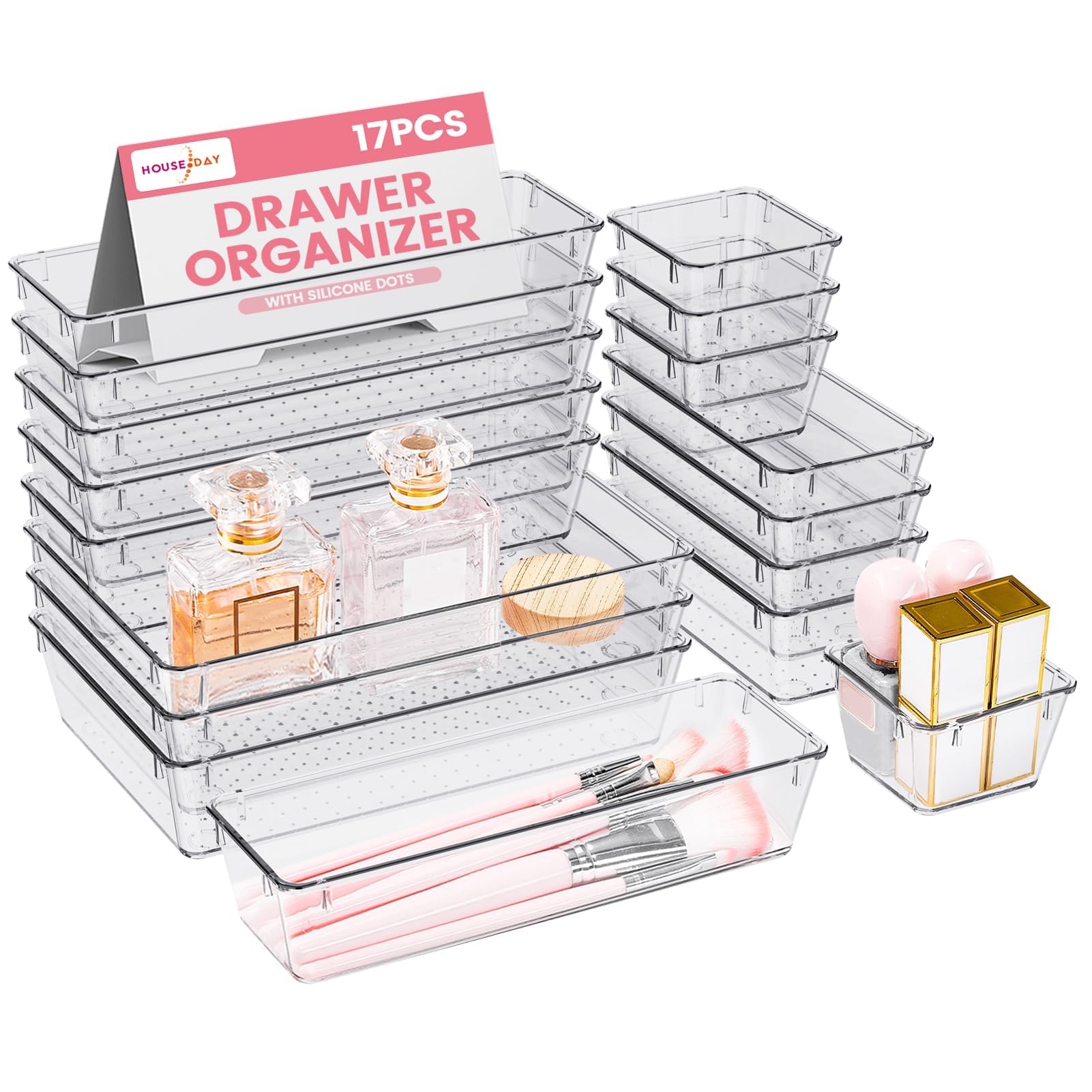 HOUSE DAY 17-Piece Clear Makeup Drawer Organizer Set with Non-Slip Silicone Pads - 4-Size Vanity Storage Trays for Cosmetics, Jewelry & Office Supplies - Perfect for Desk, Bathroom, Kitchen & Office Organization