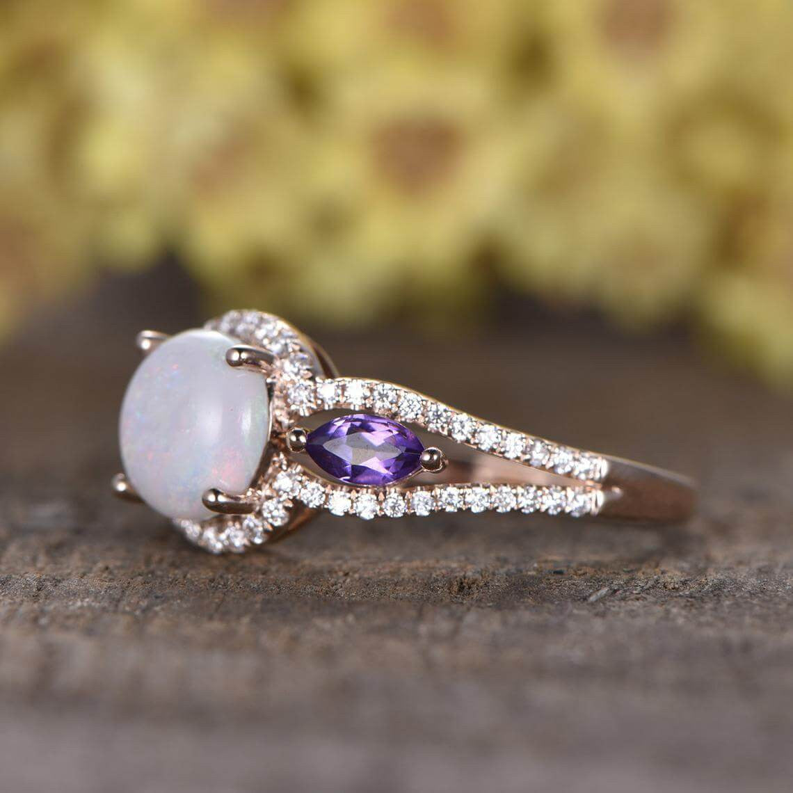 Natural Opal Marquise Amethyst Diamond Engagement Ring for Women - Elegant Wedding Band, Promise Ring & Anniversary Jewelry Gift