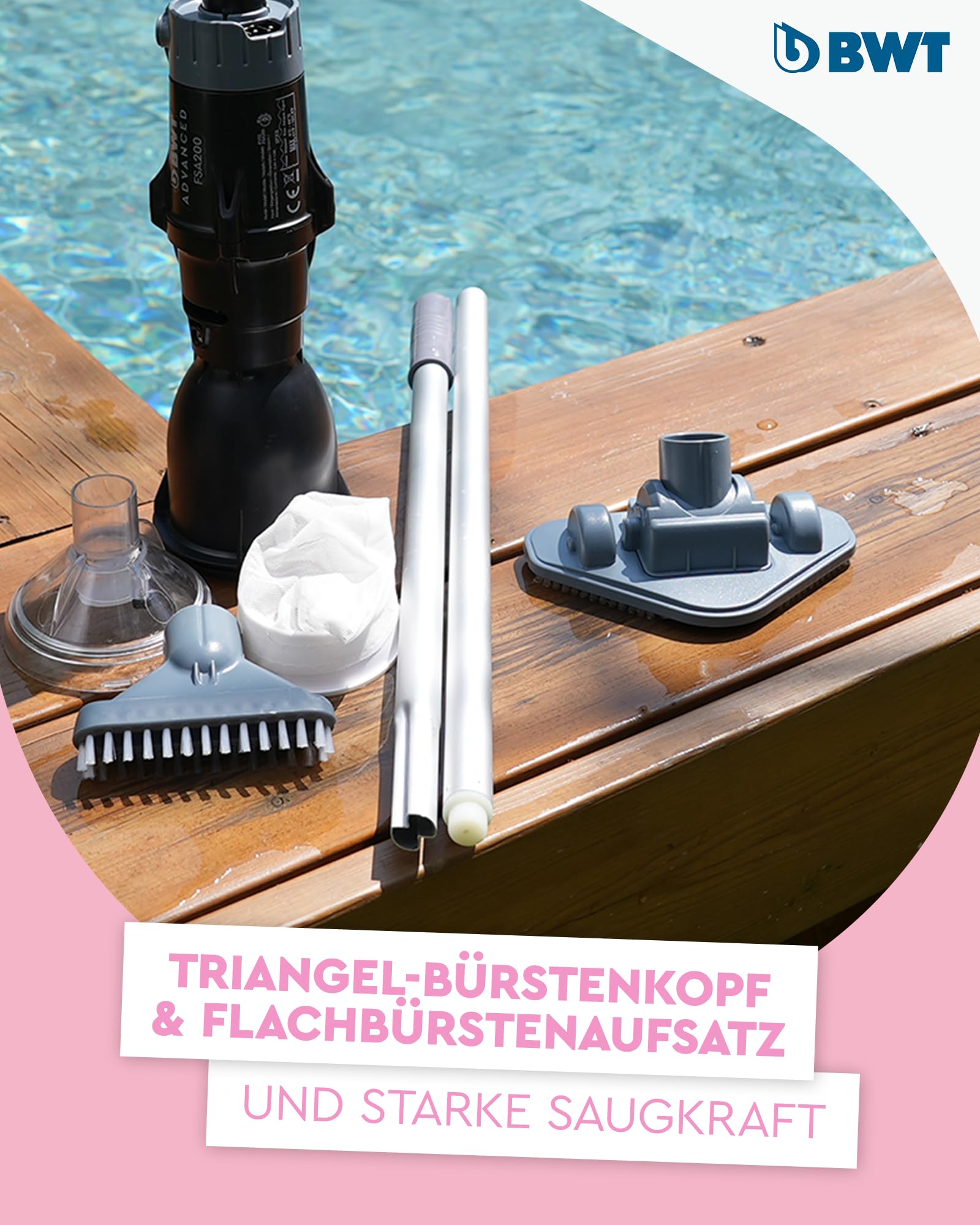 BWT Poolsauger Akku FSA200 – Kabelloser Poolroboter mit Flachbürstenaufsatz | Effiziente Poolreinigung ohne Teleskopstange | Ideal für kleine Pools, Aufstellpools und Poolpflege zu Hause