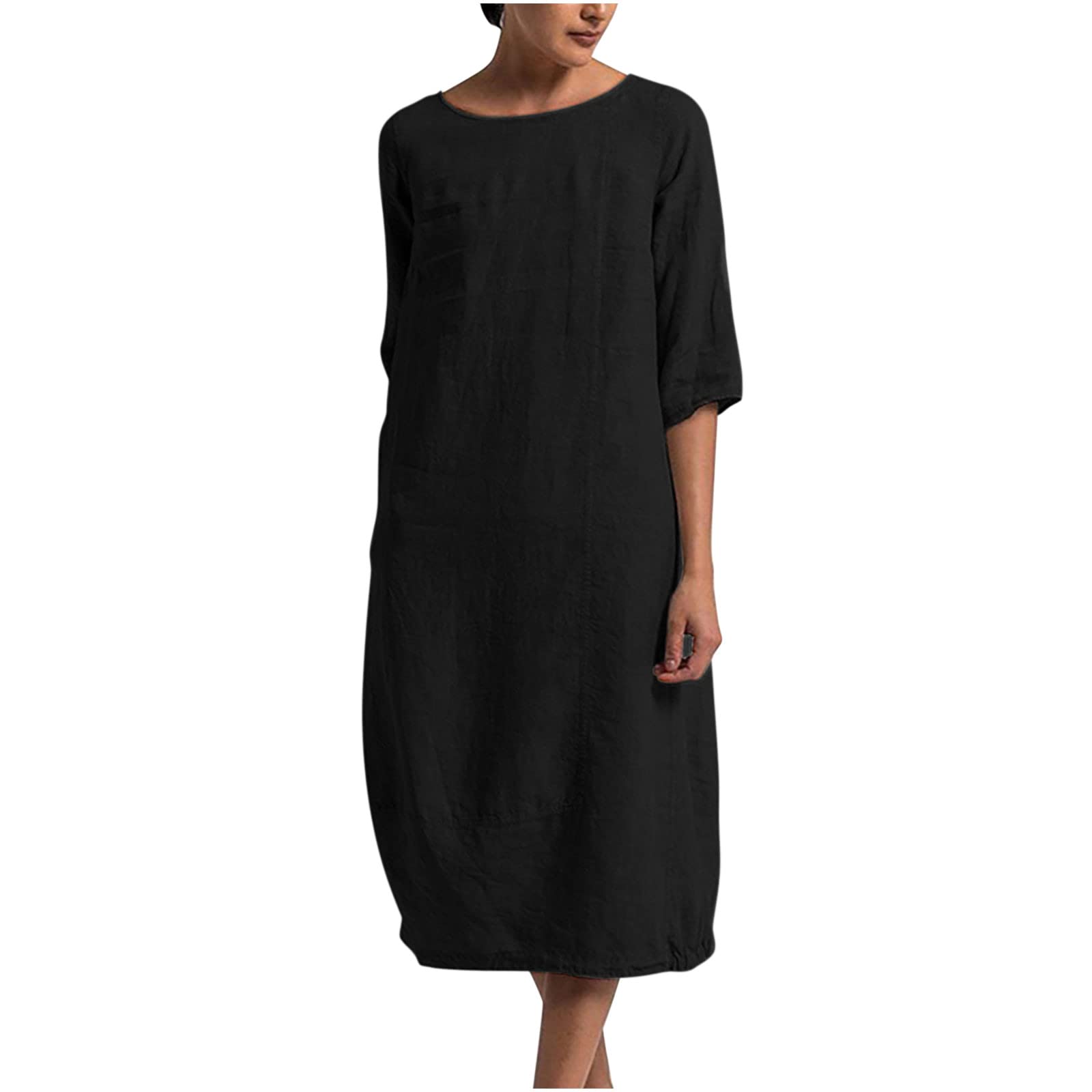 JPVDPA Women's Autumn Cotton Linen Midi Dress - Loose Fit Half Sleeve Crewneck Caftan for Casual Wear | Perfect for Fall Outfits, Weekend Brunch & Boho Style