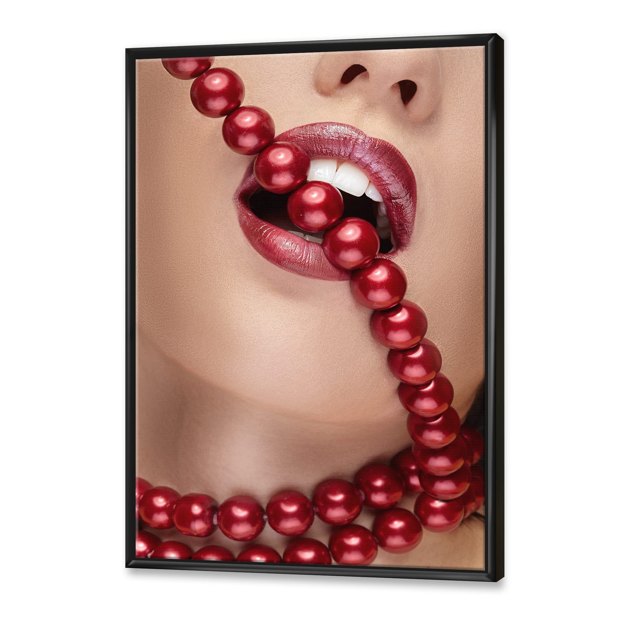 DesignQ Modern Framed Canvas Wall Art - Woman with Red Lipstick Biting Pearls Painting, Home Office Decor for Living Room, Bedroom & Dining Area