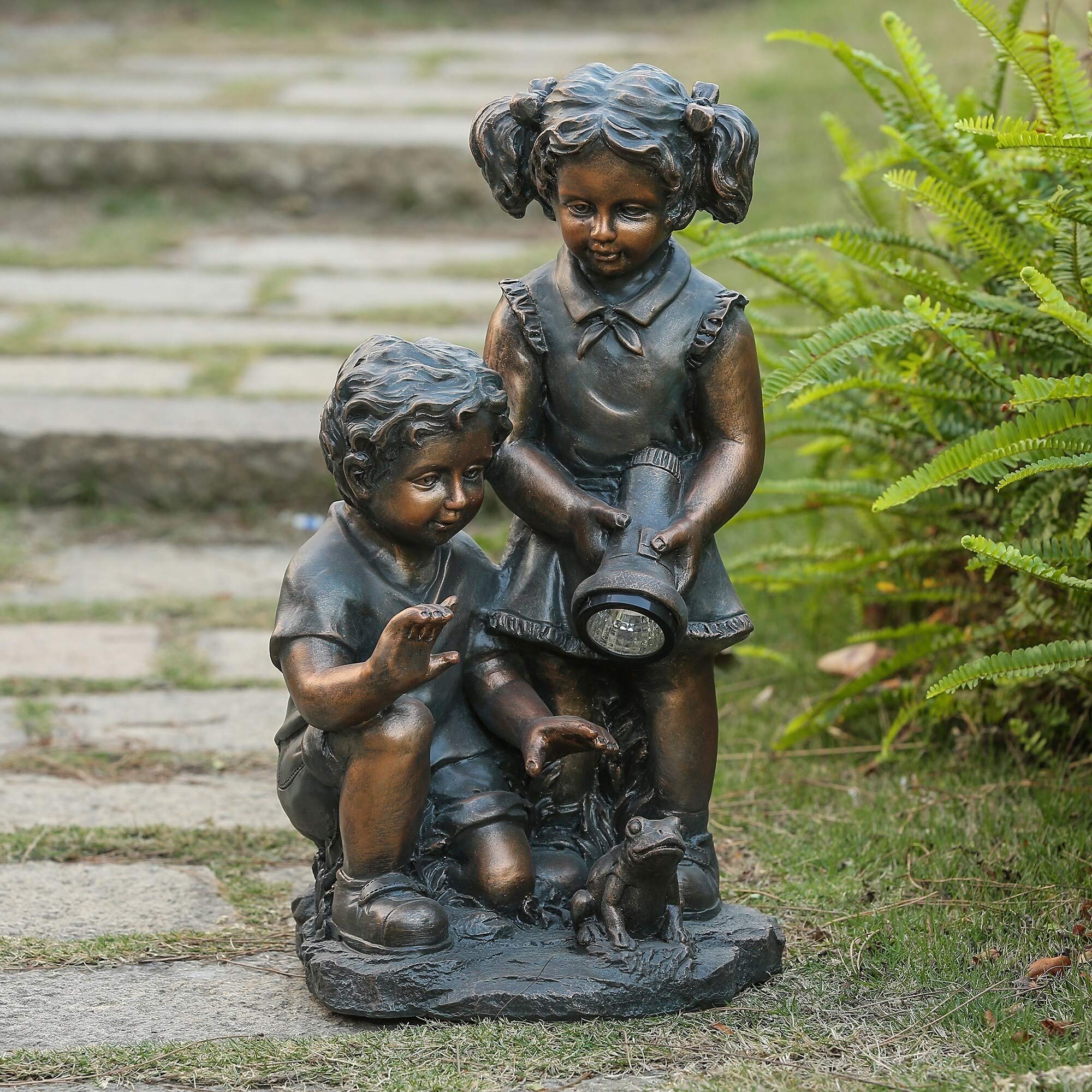 Solar-Powered Boy Girl Statue with Warm Brown Traditional Polyresin Finish - Includes LED Bulbs | Perfect for Garden Decor, Pathway Lighting, and Outdoor Home Accents