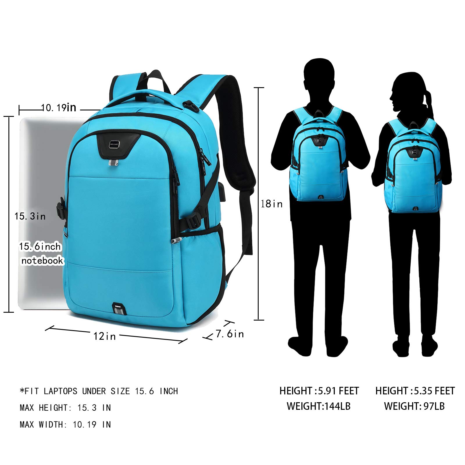 INSAVANT 15.6 Inch Water Resistant Laptop Backpack - Durable Anti-Theft College Travel Backpack with USB Charging Port - Perfect Gift for Men & Women (Sky Blue) - Ideal for Work, School & Daily Commute
