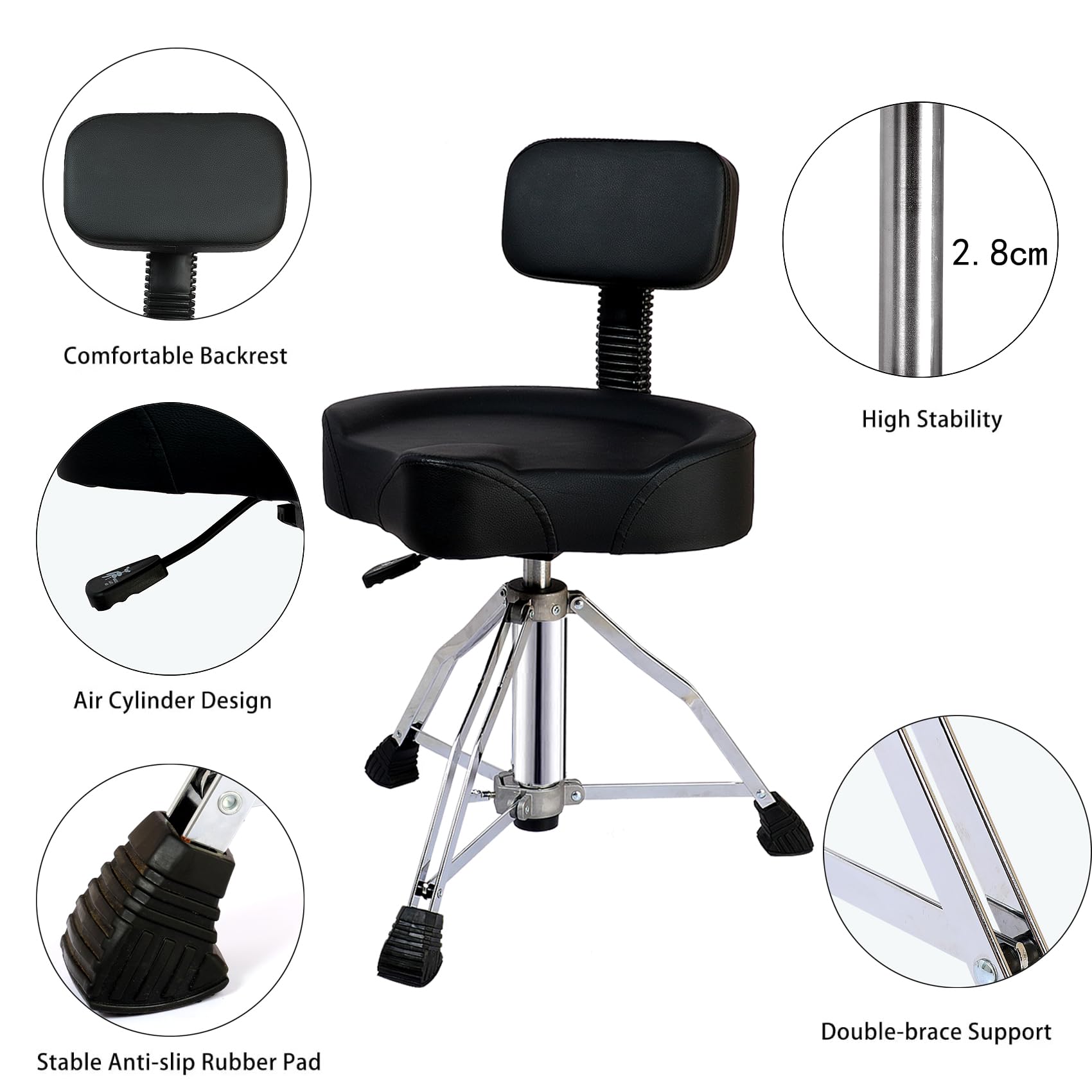 Adjustable Hydraulic Drum Throne with Backrest - Padded Memory Foam Saddle Seat, Stable Bass & Height Adjustment for Drummers & Guitar Players - Perfect for Live Performances, Studio Sessions & Home Practice (Black)