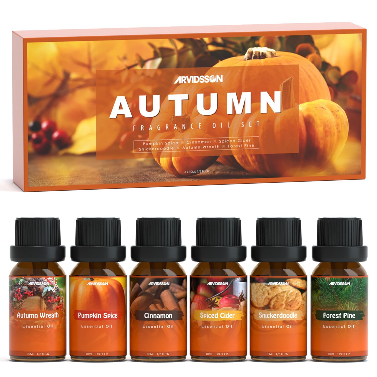 ARVIDSSON Fall Essential Oils Set - Pumpkin Spice, Cinnamon, Spiced Cider, Snickerdoodle & More for Diffusers, Candle Making | Autumn Fragrance Oils for Home, Office & Seasonal Decor | Cozy Scented Oils for Aromatherapy & Relaxation