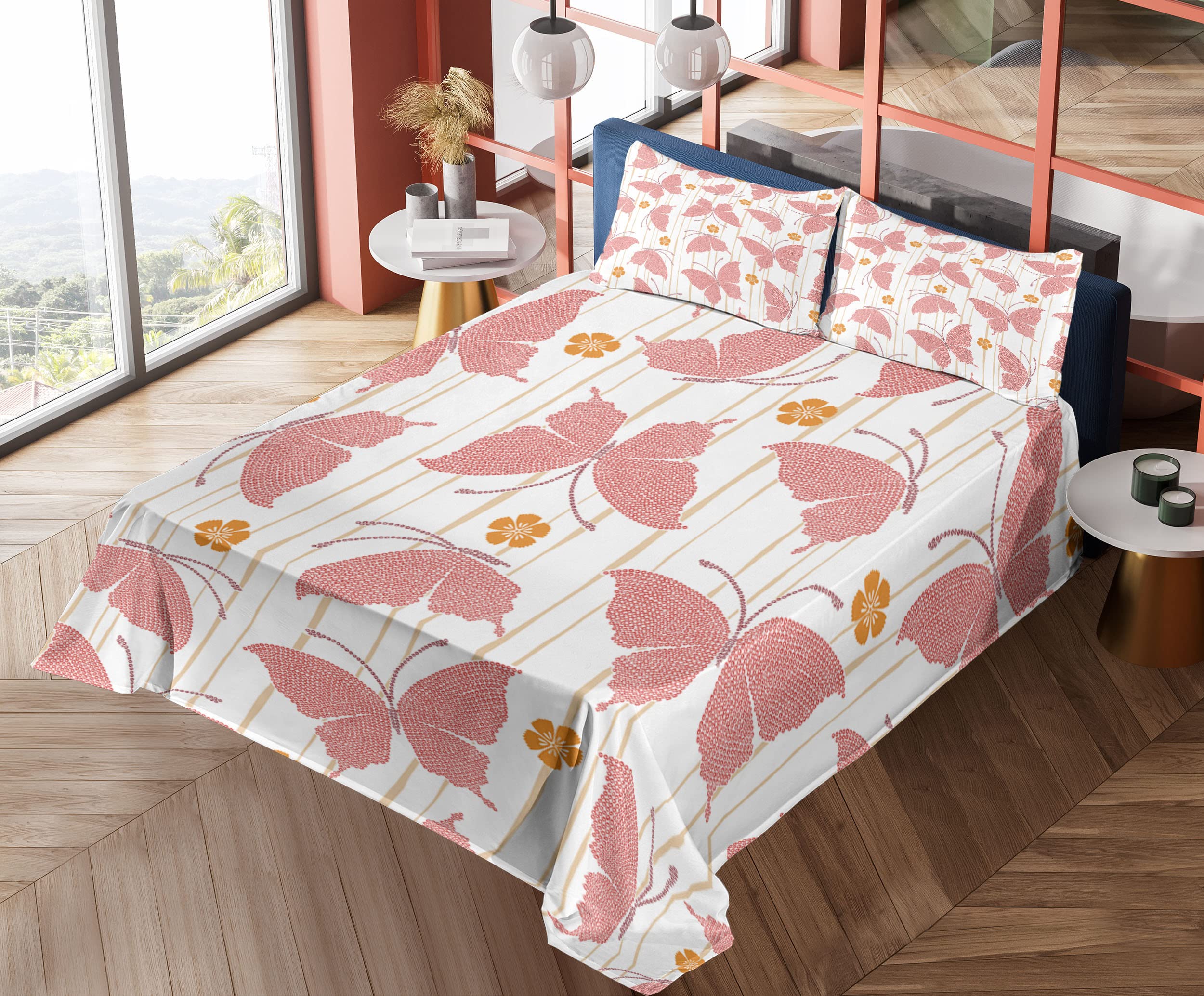 Ambesonne Butterfly King Size 4-Piece Sheet Set - Floral Butterfly Pattern with Digital Dots & Stripes in Red Orange Cream - Includes Fitted Sheet, Flat Sheet & 2 Pillowcases | Perfect for Master Bedroom, Guest Room & Bohemian Home Decor
