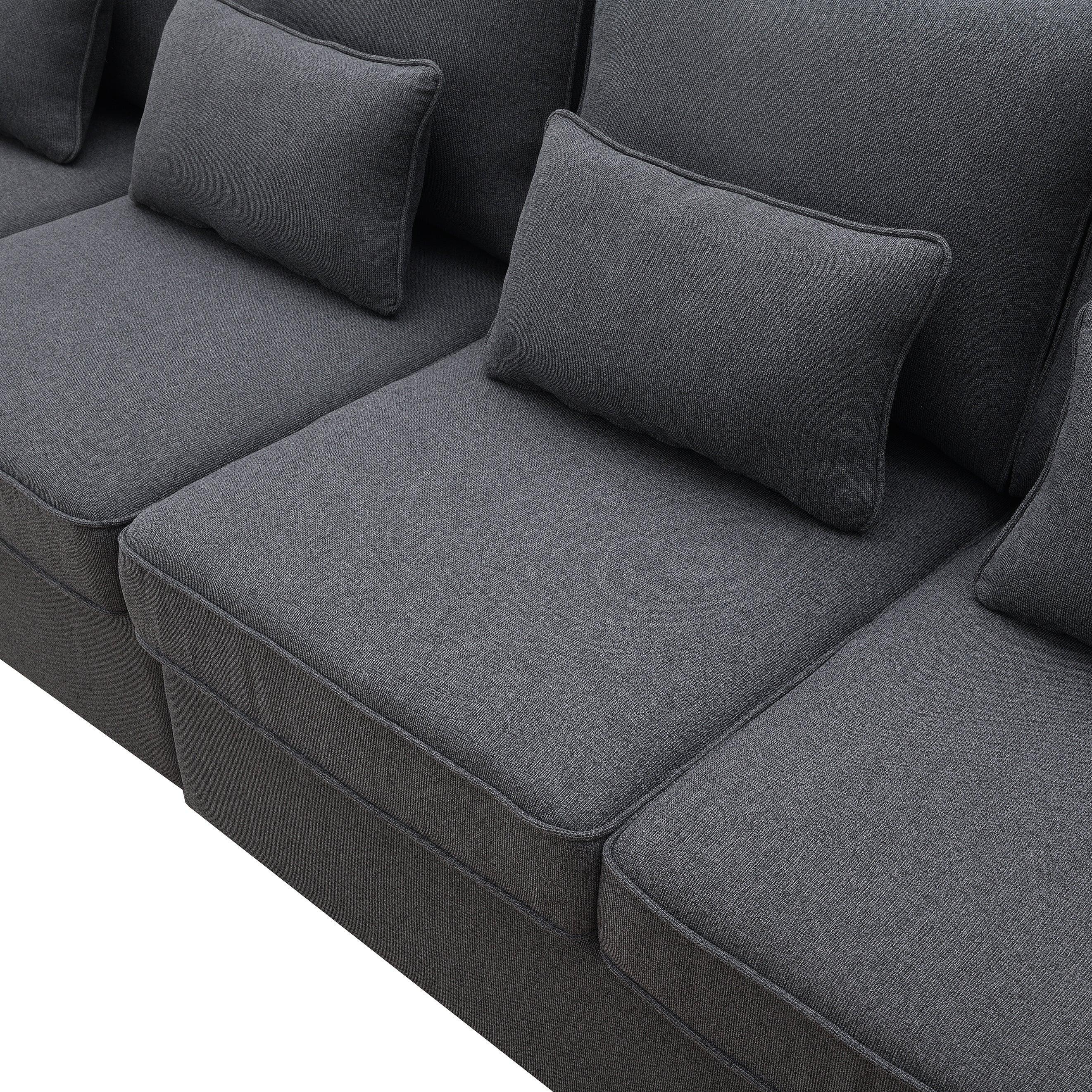Modern 4-Seater Linen Fabric Sofa with Armrest Storage Pockets & 4 Throw Pillows - Minimalist Living Room Couch for Small Spaces, Apartments and Cozy Home Decor