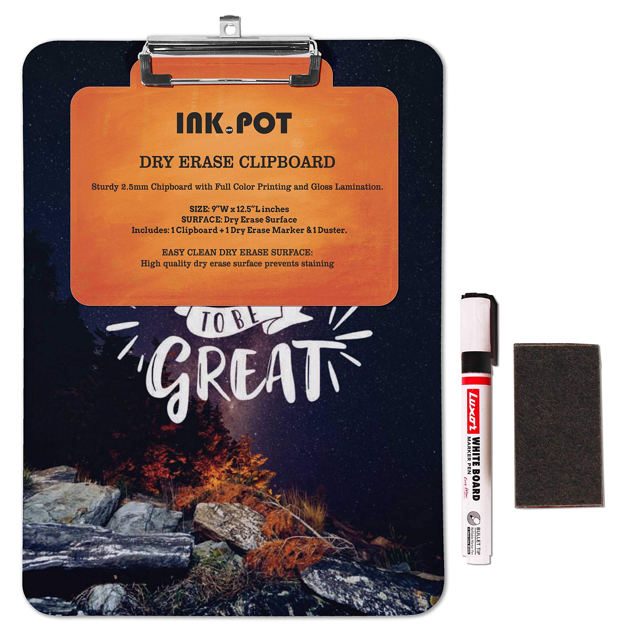 Double Sided Dry Erase Clipboard 9x15 - Letter Size with Free Marker & Duster for Office & School Use