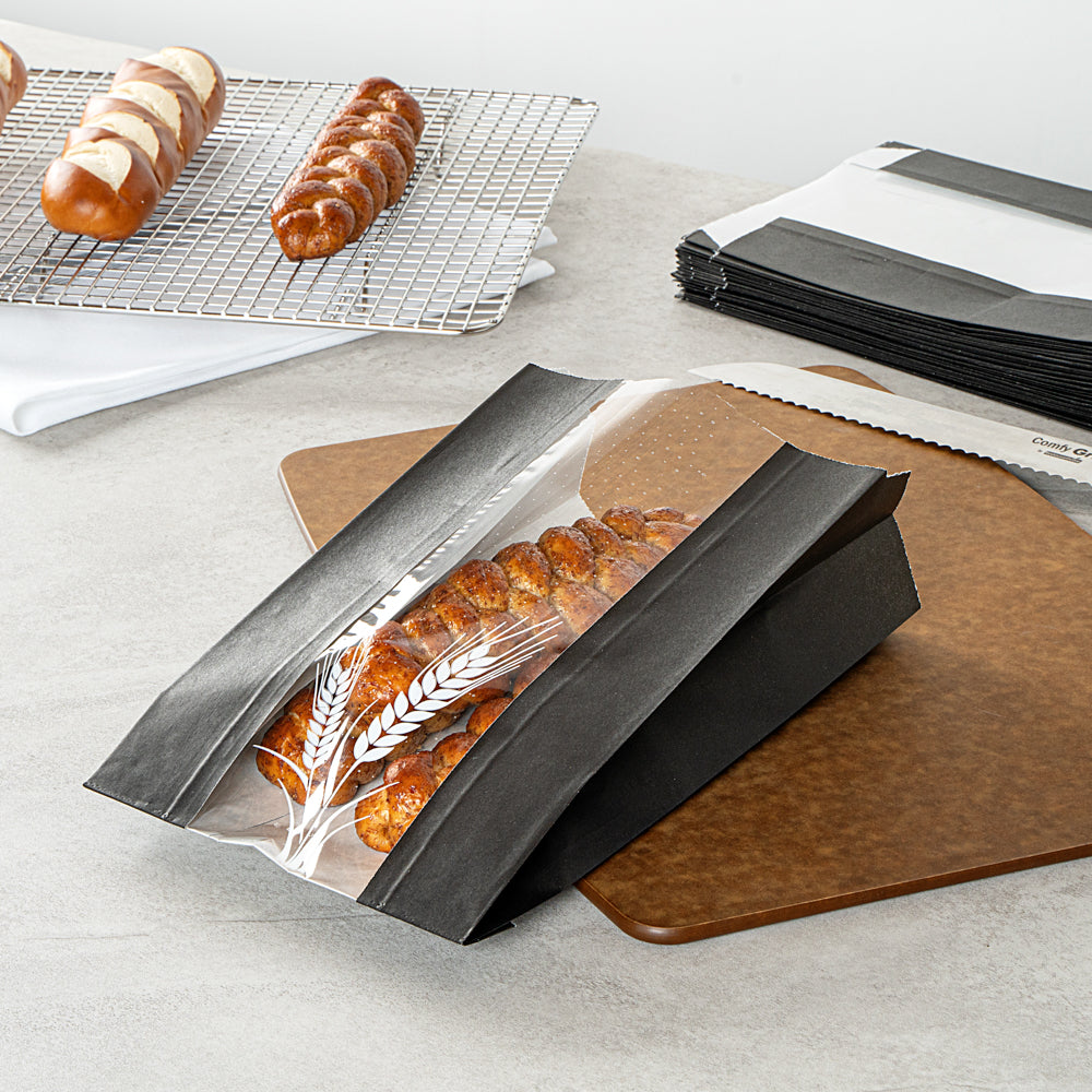 Premium Black Paper Bread Bags - Micro Perforated, Greaseproof, Wheat Pattern (6x2.75x10 Inches) - 100 Count Box - Perfect for Bakeries, Cafes & Sandwich Shops