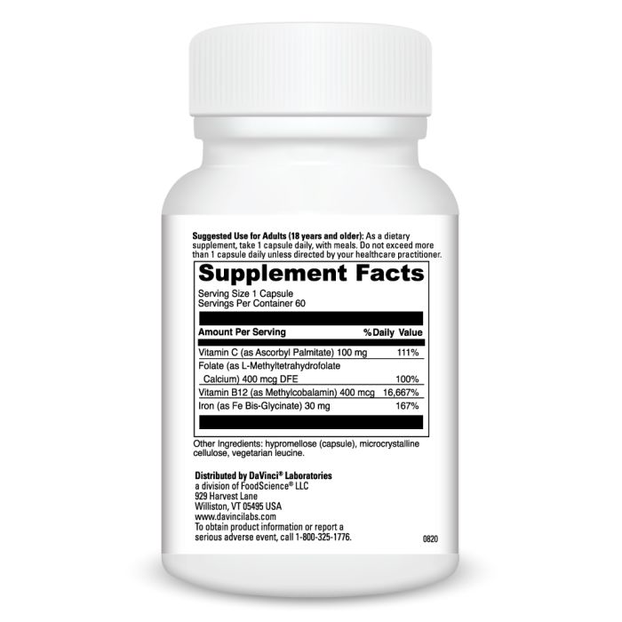 Davinci Labs Iron Bisglycinate 25mg - Gentle on Stomach, High Absorption Iron Supplement for Anemia & Energy Support - Vegan, Non-Constipating Formula for Women & Men - Boost Energy Levels for Workouts & Daily Activities