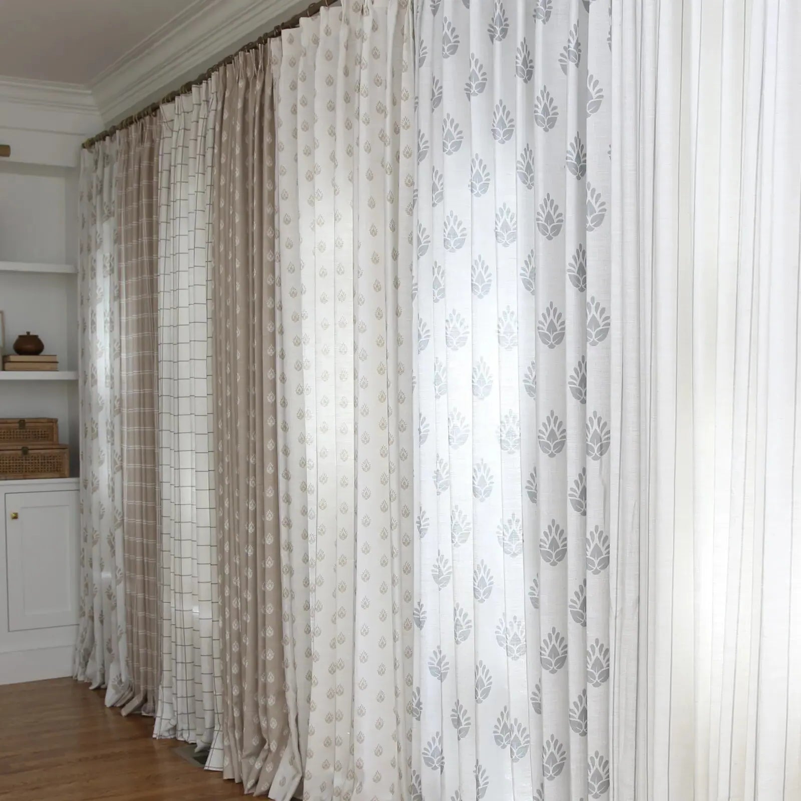 Stefana Silver Print Linen Blend Curtains - Elegant Pleated Drapes for Living Room & Bedroom Window Decor