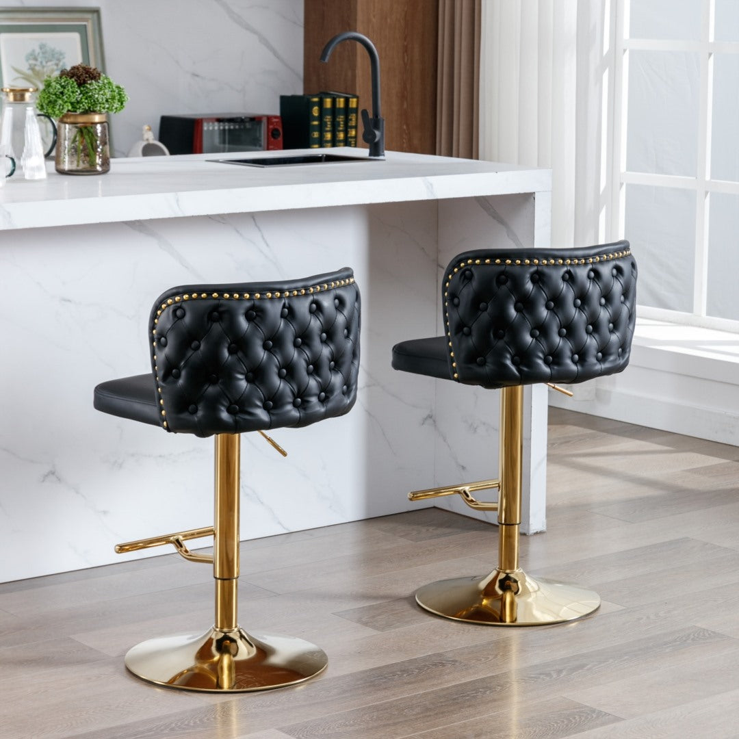 2 Black Faux Leather Swivel Bar Stools with Golden Base - Perfect for Kitchen Island, Bar Counter & Home Decor