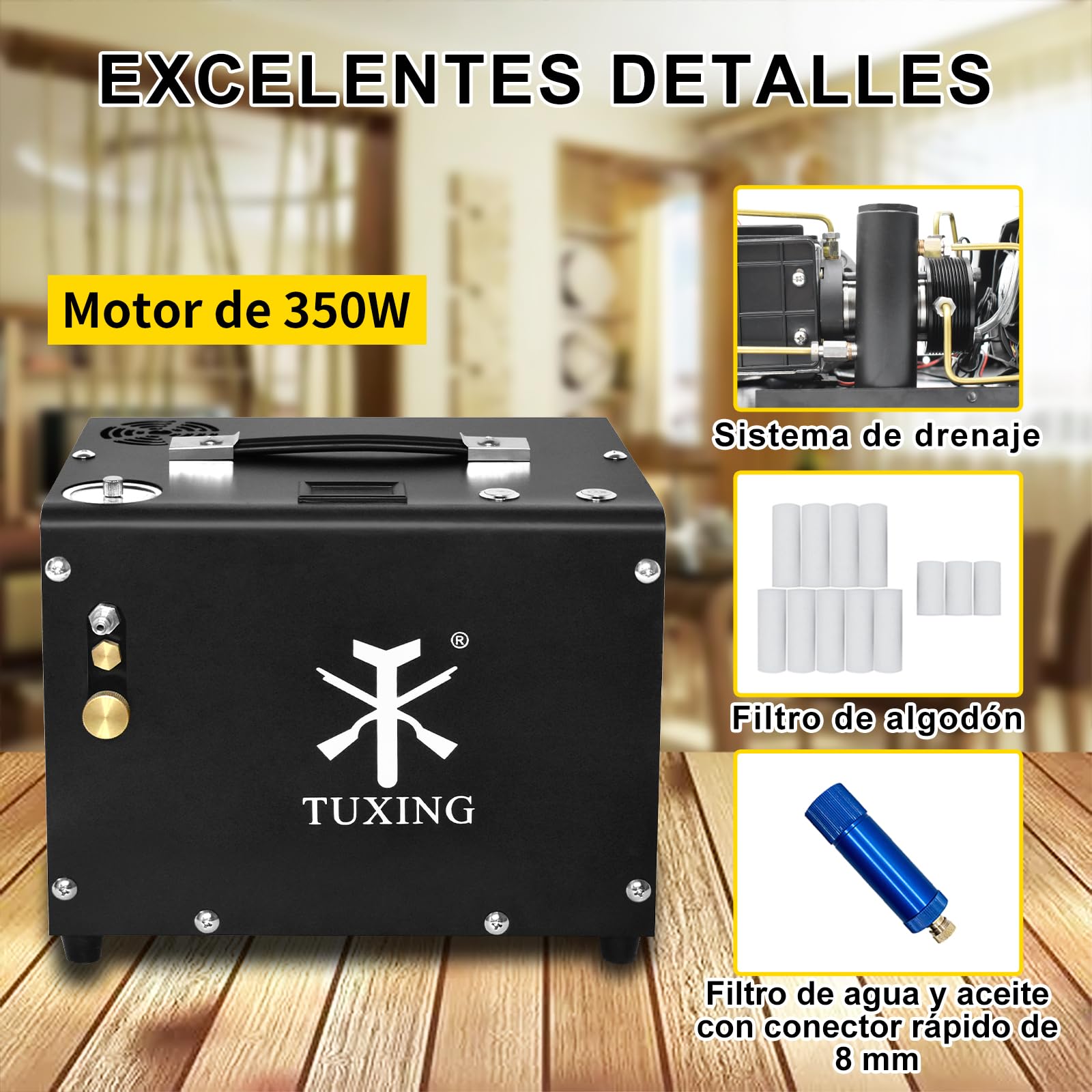 TUXING 4500PSI PCP Air Compressor - Portable High Pressure Air Pump with Auto-Stop, 12V DC & 110V/220V AC Power, Built-in Cooling Fan & Adapter - Perfect for Paintball, Air Rifle, Mini Scuba Tank & PCP Airgun Refilling