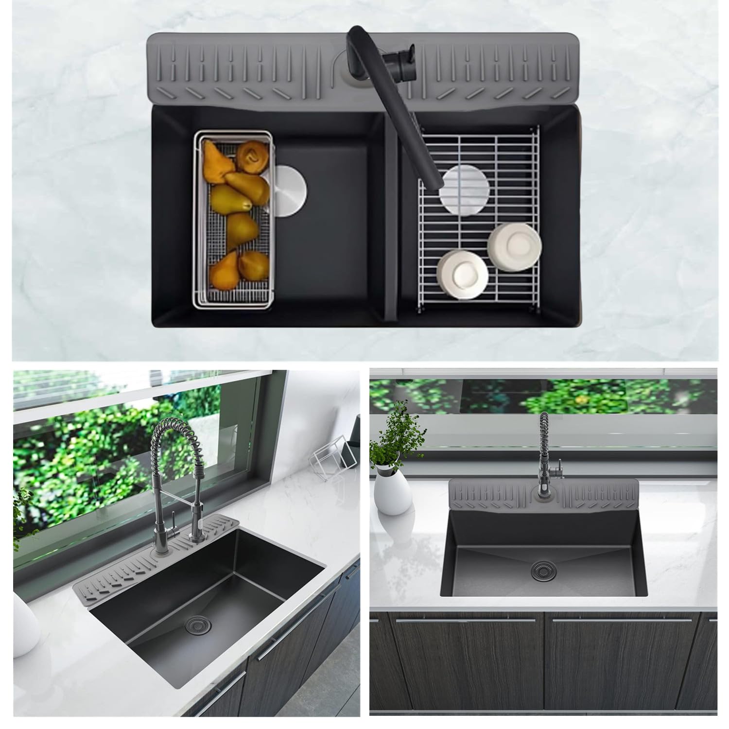 24 Inch Foldable Silicone Sink Drain Mat - Non-Slip Kitchen Counter Drip Tray, 90° Bendable Design for Sink, Faucet & Countertop Protection - Perfect for Kitchen, Bathroom, Farmhouse (Black) - Ideal for Dish Drying, Spill Containment & Decorative Use