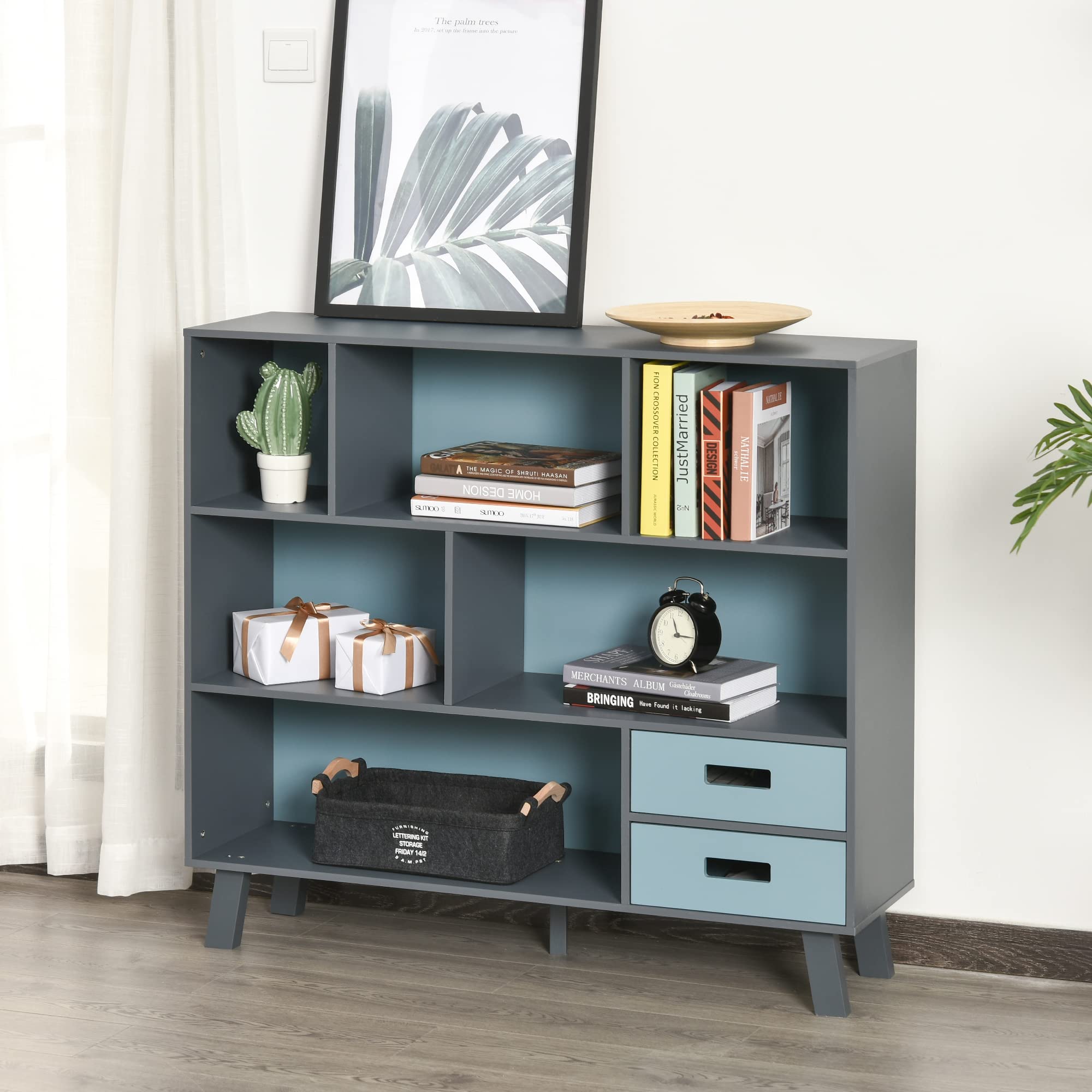HOMCOM 3-Tier Kids Bookcase with Drawers, Open Shelf Storage Organizer for Bedroom & Playroom, Dark Blue Cube Cabinet - Perfect for Toys, Books & Kids Room Organization