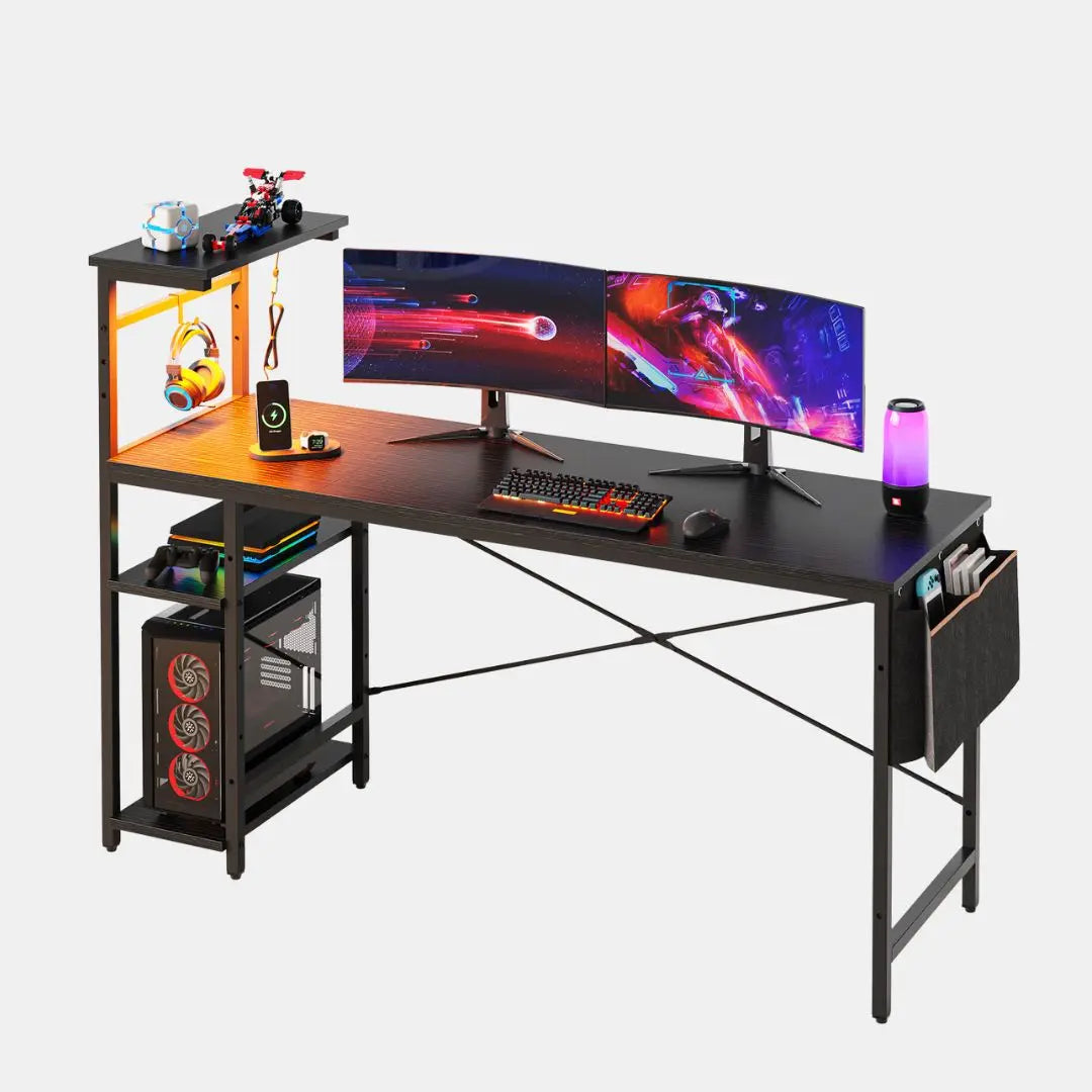 Bestier 61 Inch Large Gaming Desk with Shelves & Storage Bag - Sturdy Computer Desk for PC Gamers, Home Office Workstation with Ergonomic Design - Perfect for Gaming Setup, Streaming & Remote Work