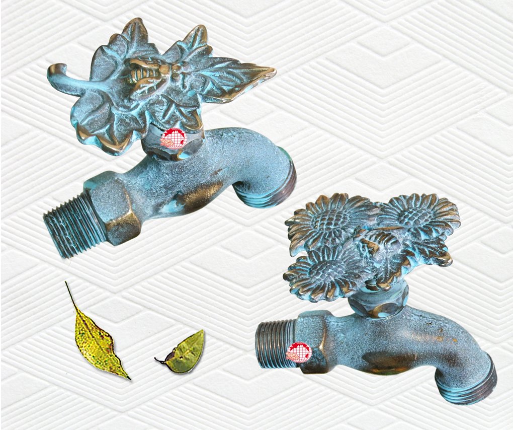 Decorative Brass Sunflower Leaf with Bee Garden Outdoor Faucet (Set of 2) - Perfect for Patio, Yard, and Garden Decor