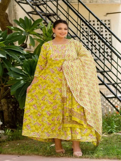 Plus Size Lime Green Embroidered Cotton Anarkali Dupatta Set of 2 for Women | Traditional Indian Kurti Dress for Festivals & Weddings | Elegant Ethnic Outfit for Parties & Special Occasions