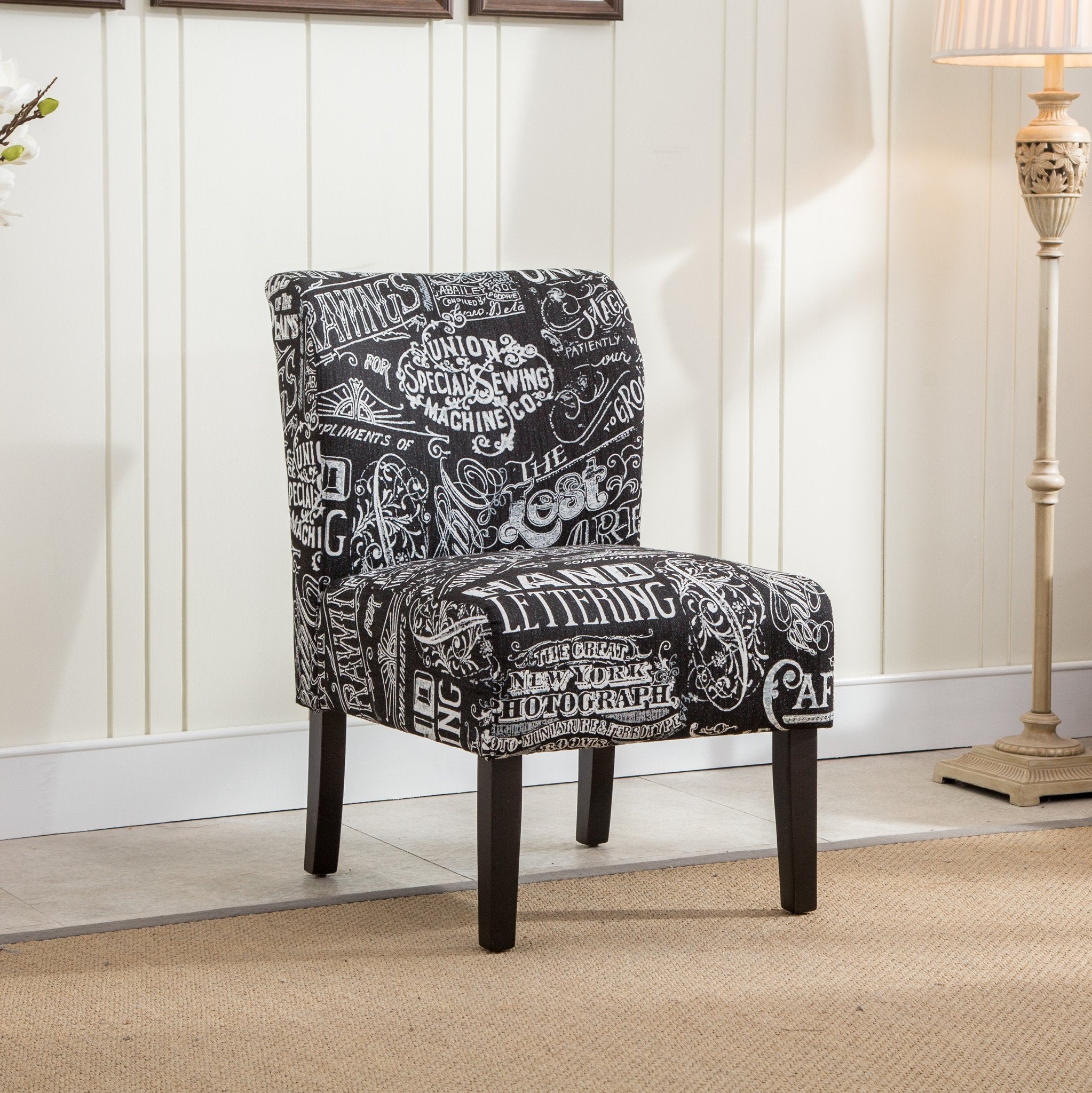 Roundhill Furniture Capa Fabric Armless Contemporary Accent Chair - Modern Chalkboard Shadow Print Design for Living Room, Bedroom & Office Decor