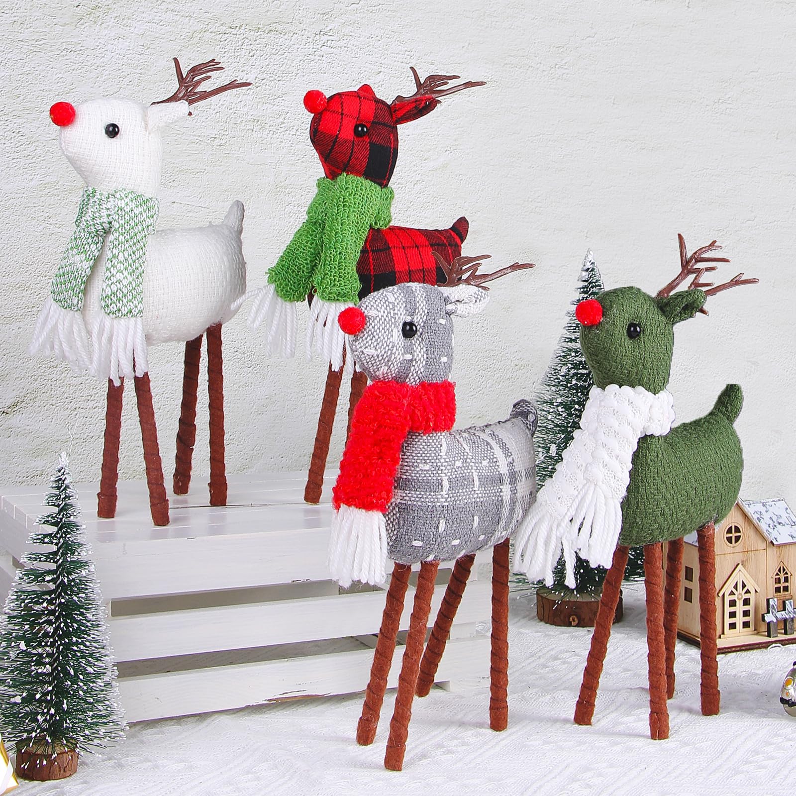 4pcs Handmade Plush Reindeer Christmas Decorations - Standing Swedish Santa Elk Figurines for Home Indoor Holiday Decor | Perfect for Christmas Tree, Mantel & Tabletop Decorating