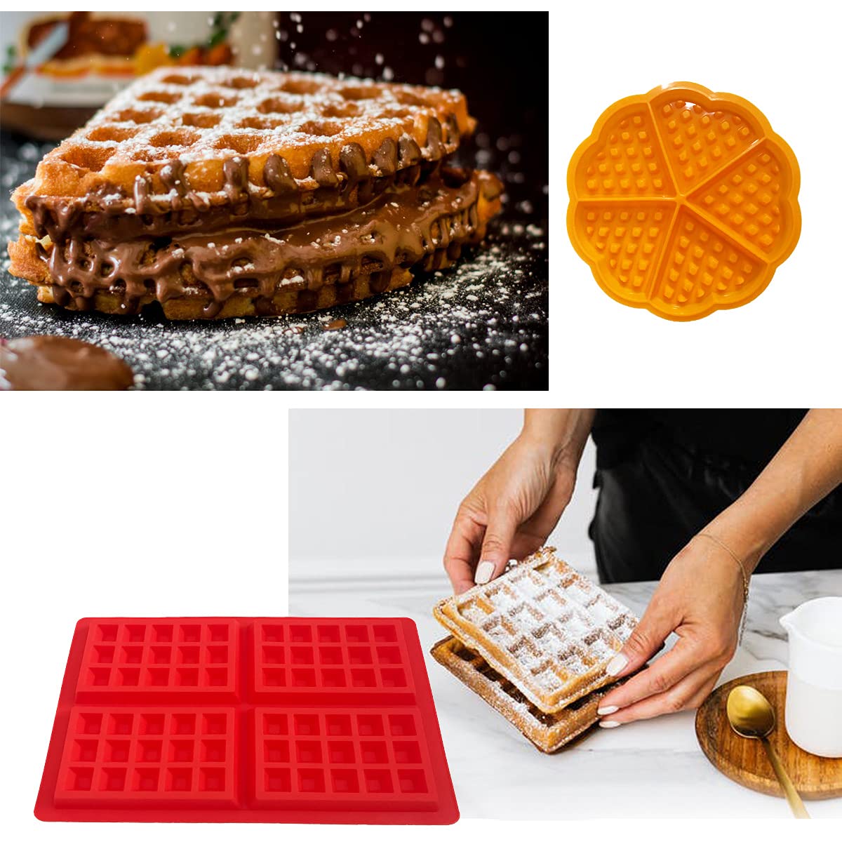 Set of 4 Non-Stick Silicone Waffle Molds - Heart & Square Shapes for Baking Chocolate Waffles, Muffins, Bread, Pies & Flans | BPA-Free Bakeware for Home Kitchen & Party Dessert Making