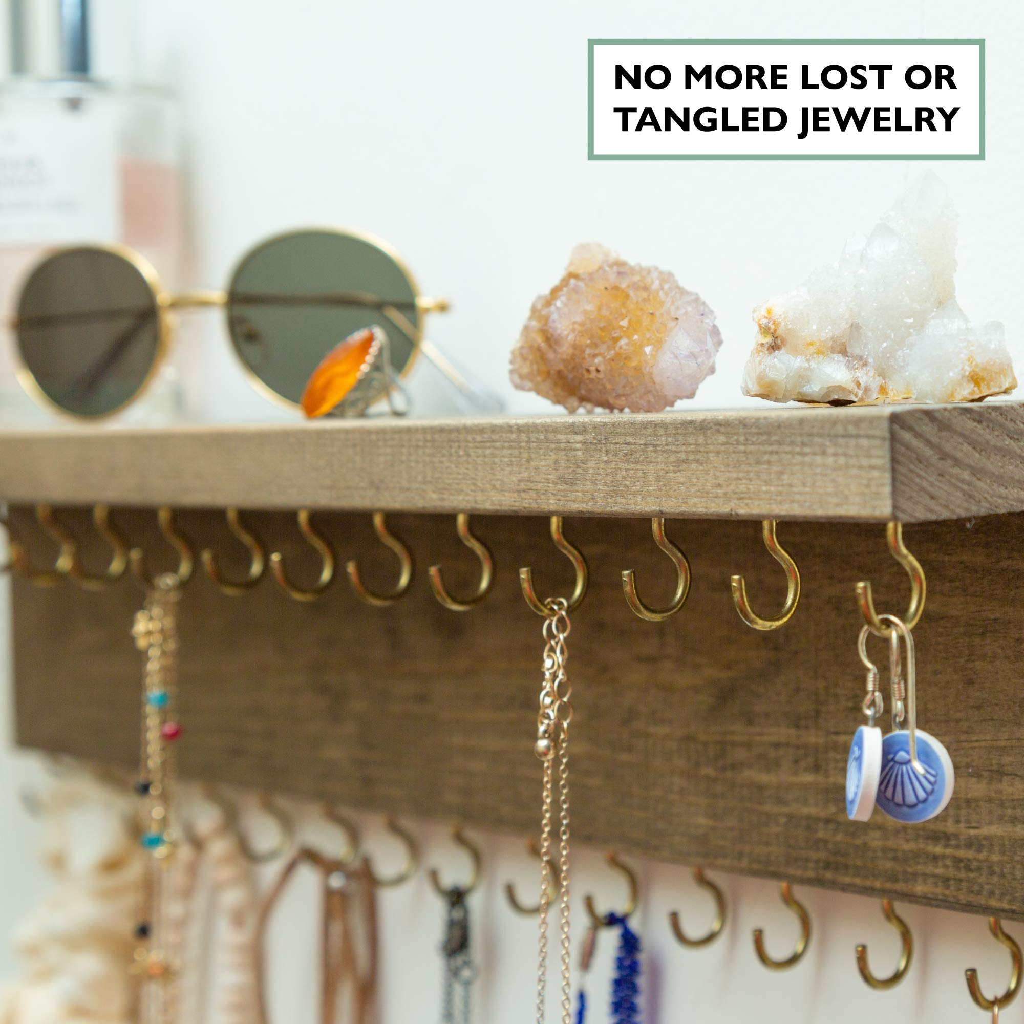 Rustic Wall Mounted Jewelry Organizer Shelf - Brown Wooden Hanger for Necklaces, Earrings & Bracelets with Hooks | Perfect for Bedroom, Bathroom & Closet Organization