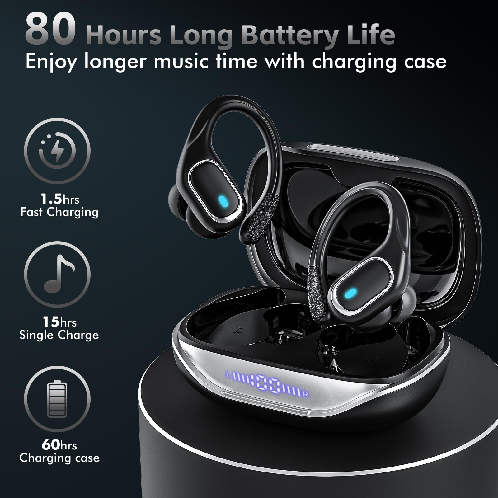 Wireless Earbuds Bluetooth 5.3 Headphones - 80Hrs Playtime, IPX7 Waterproof, Wireless Charging Case, Secure Earhooks for Running, Gym & Sports - Black (Perfect for Workouts, Commuting & Travel)