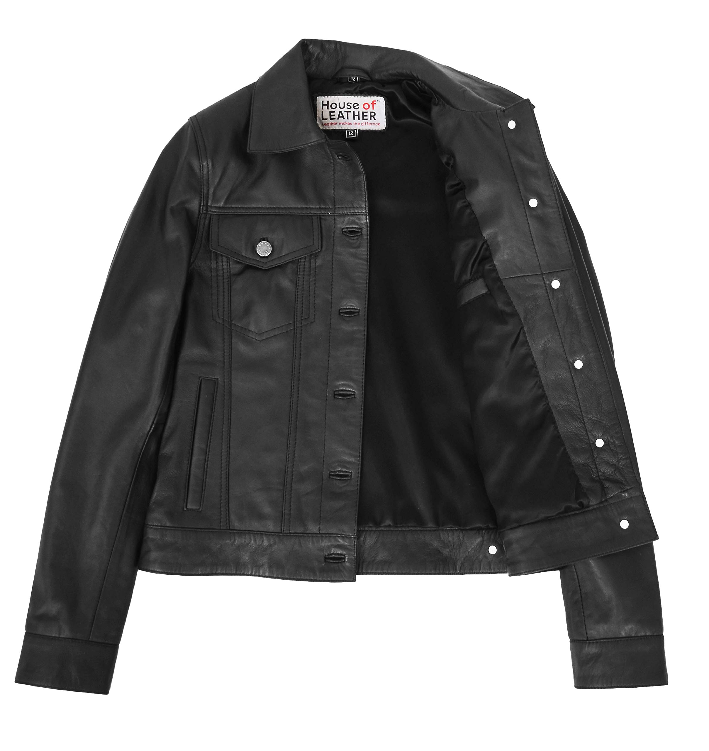 Women's Black Leather Trucker Jacket - Fitted Denim Biker Style Coat for American Girls | Perfect for Motorcycle Riding, Casual Outings & Night Out Fashion