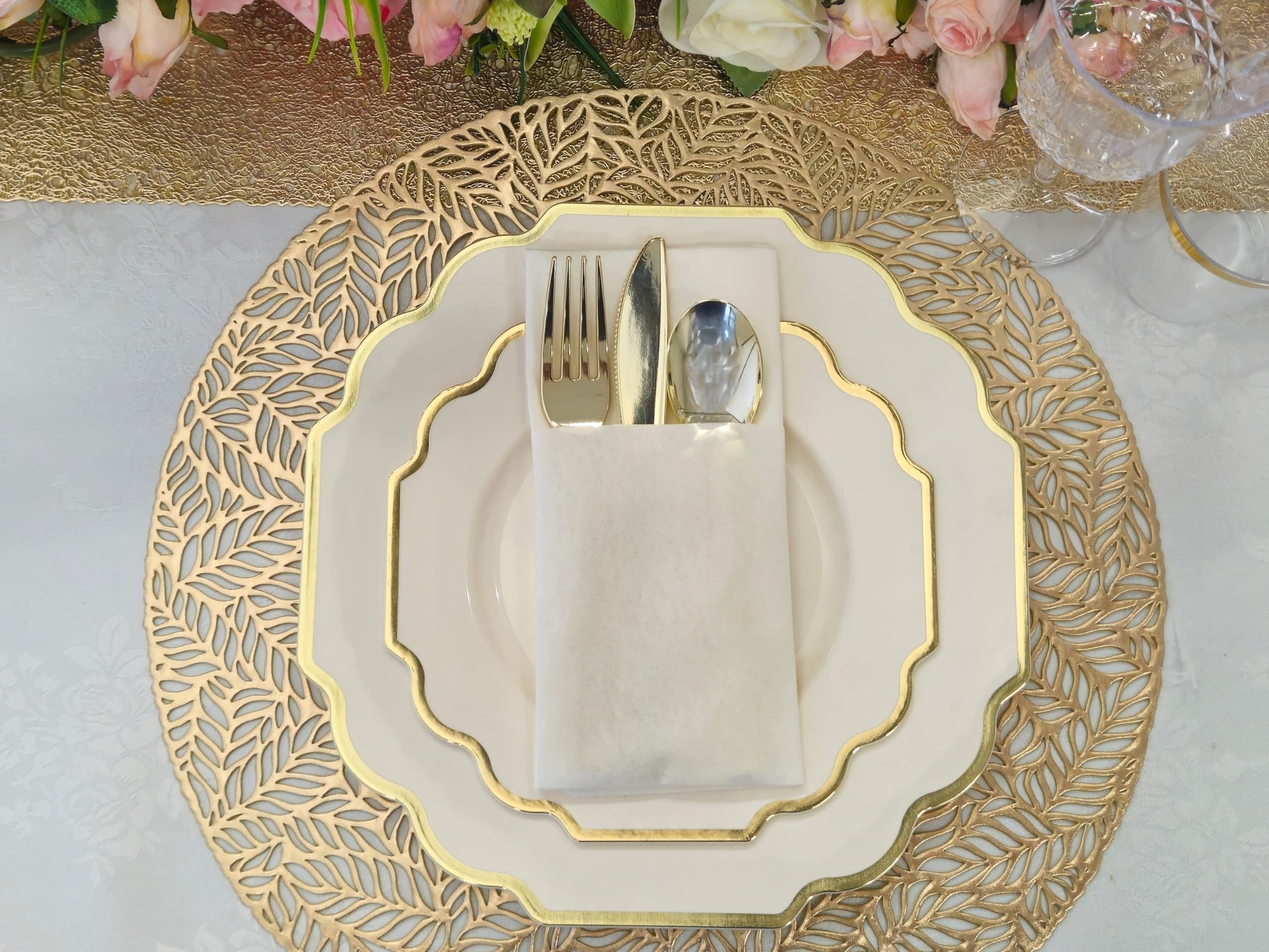 960-Piece Heavyweight Disposable Plastic Plate Set for Weddings & Parties - 120 x 10.5'' Dinner Plates, 120 x 8'' Dessert Plates, Silverware, Cups & Napkins in Imperial Ivory & Gold - Perfect for 120 Guests | Elegant Tableware for Wedding Receptions, Bridal Showers & Special Events