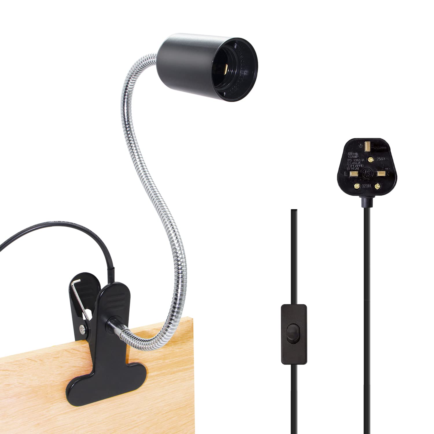 Clip on Desk Lamp with E27 Socket - Adjustable 35cm Gooseneck & 220cm Power Cord, 60W Clamp Light for Study, Office, Bedroom (Bulb Not Included) - Perfect for Reading, Crafting & Nightstand Lighting