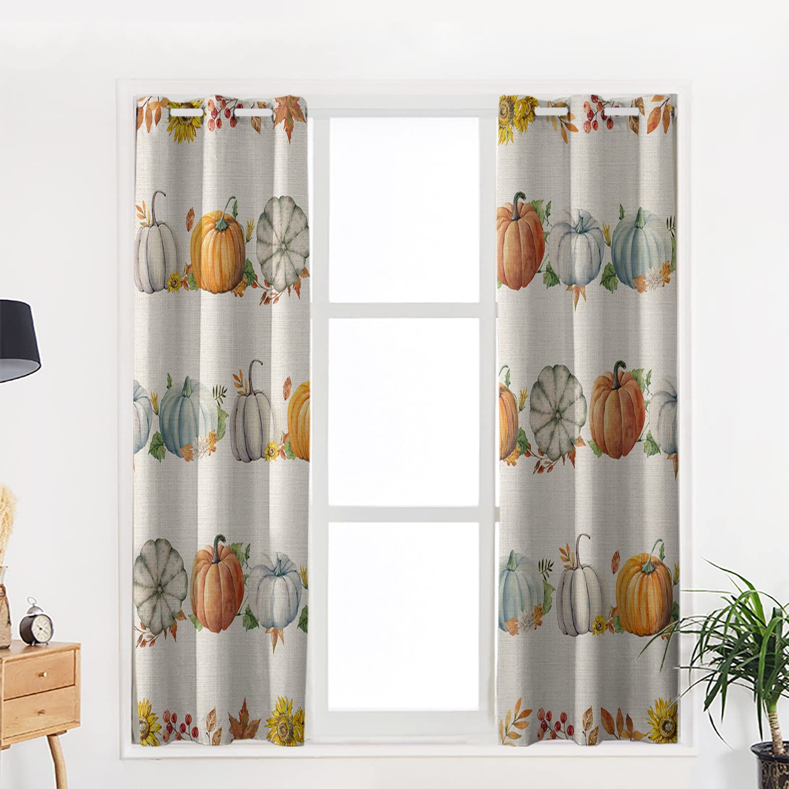 Thanksgiving Blackout Curtains - Thermal Insulated Room Darkening Drapes with Pumpkin Sunflower & Fall Maple Leaves Design, 63 Inch Length Grommet Window Curtains (Set of 2 Panels) for Living Room & Bedroom - Perfect for Holiday Decor, Light Blocking & Energy Efficiency