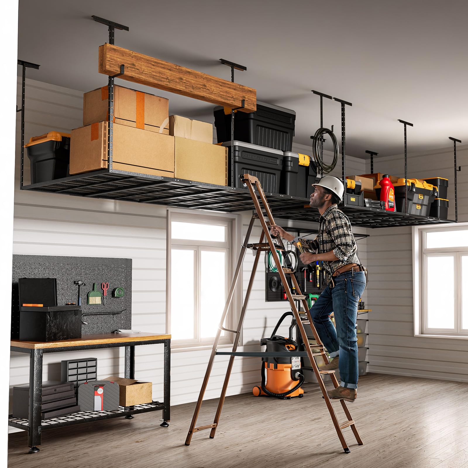 Heavy-Duty 4x8 Overhead Garage Storage Rack - 800lbs Capacity, Adjustable Height with 4 Hooks - Perfect for Organizing Tools, Sports Equipment & Seasonal Items in Your Garage