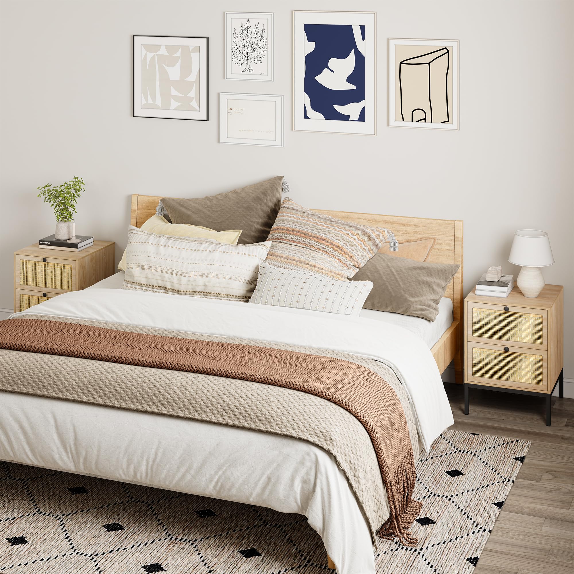 Natural Rattan Nightstand Set of 2 - Boho Bedside Tables with Drawers & Metal Legs, Cane End Tables for Bedroom & Living Room - Perfect for Small Spaces & Home Decor