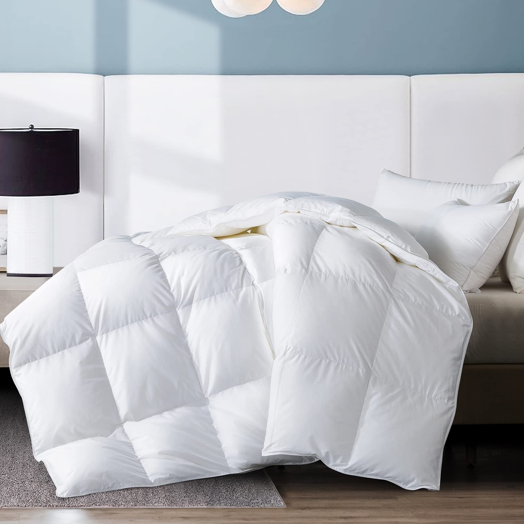 Luxurious Queen Size Feather & Down Comforter - 100% Cotton Shell - 88x88 Inch White Lightweight Duvet Insert - Hotel Collection Bed Blanket for All-Season Comfort - Perfect for Master Bedroom, Guest Room & Airbnb Stays