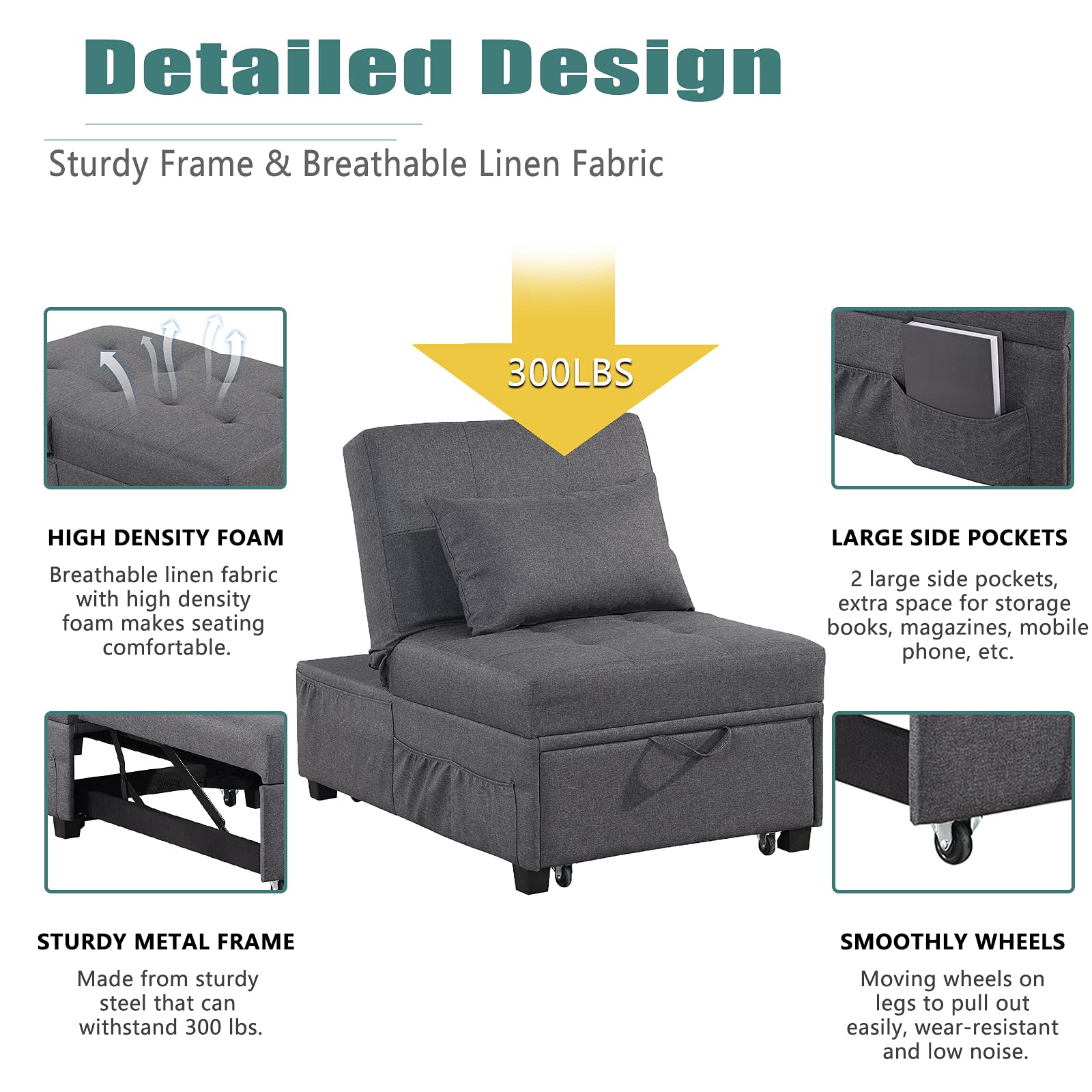 2-in-1 Convertible Sleeper Chair Bed Set with Tufted Ottoman, Pillow & Side Pockets - Space Saving Armless Sofa Bed for Small Apartments, Guest Rooms & Home Offices