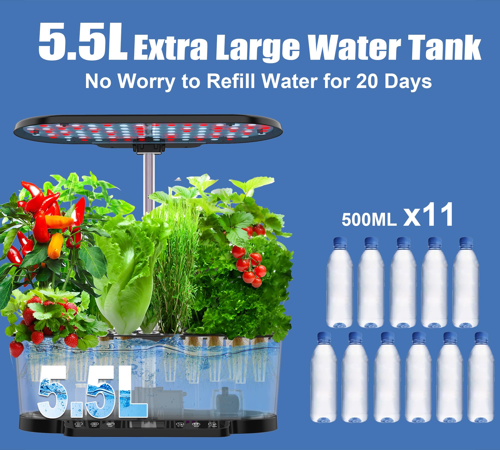 Smart Indoor Hydroponic Garden Kit with 36W Grow Light & APP Control - 15 Pods, Adjustable Height up to 30