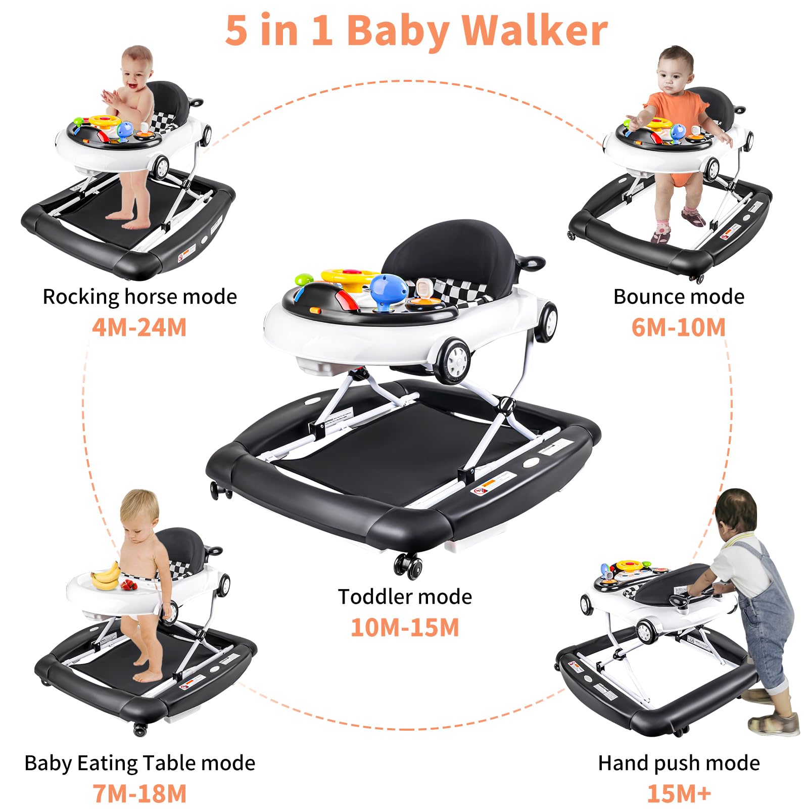 5-in-1 Baby Activity Walker with Wheels - Adjustable Height & Speed Control, Musical Toy for Infants 7-18 Months (Black) | Perfect for Learning to Walk, Playtime & Indoor Mobility