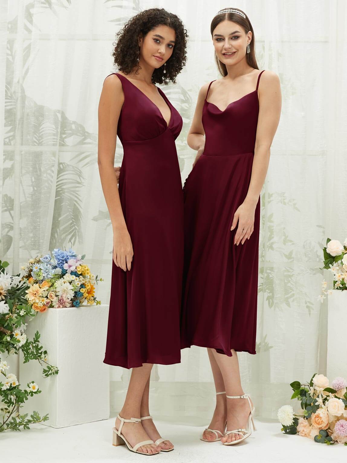 Burgundy V-Neck Bridesmaid Dress with Detachable Bow Straps - Silk Satin Convertible Tea-Length Formal Gown for Weddings, Parties & Special Occasions