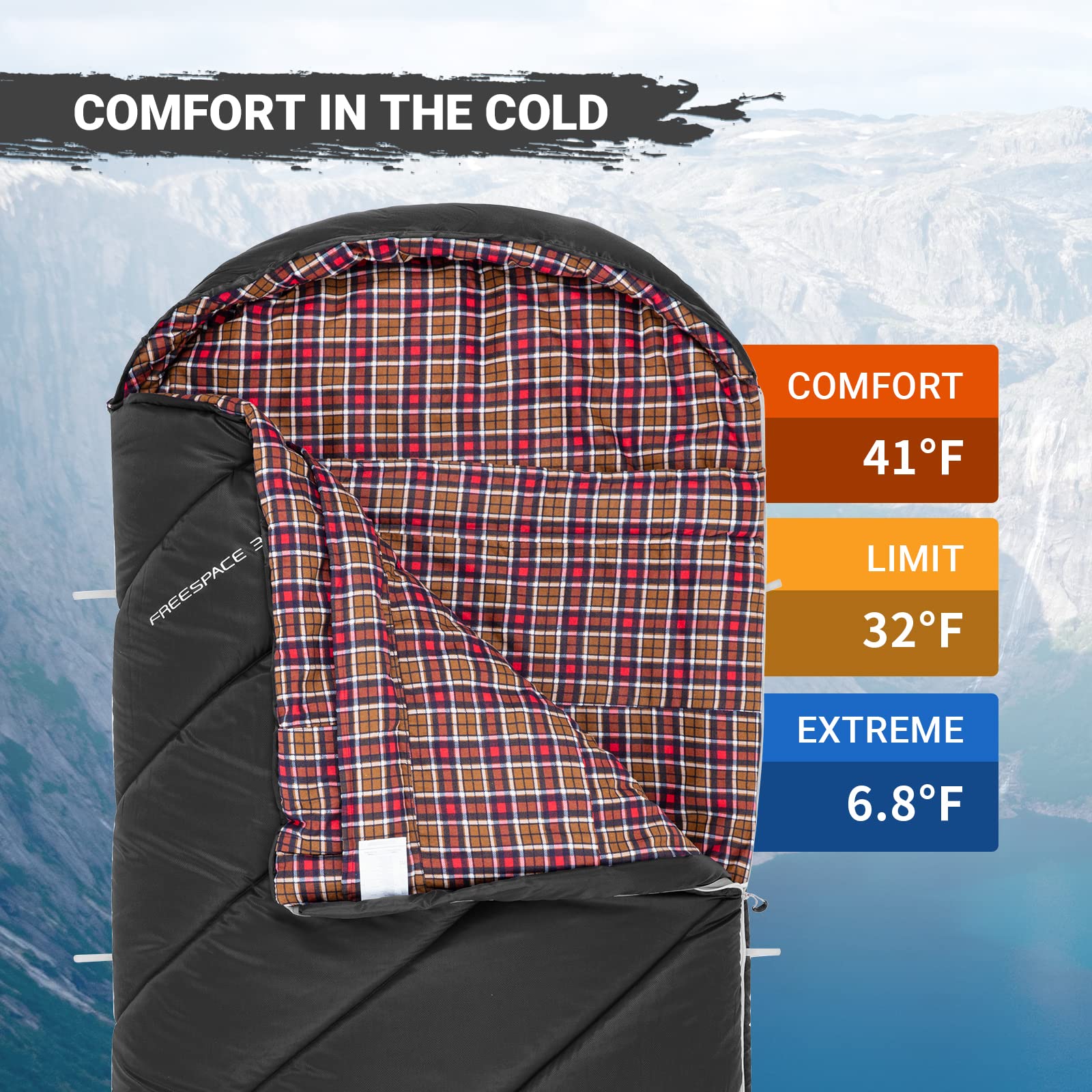 KingCamp Big and Tall Sleeping Bag with 3D Sides Self-Inflating Camping Pad - Warm Comfort for Outdoor Adventures, Hiking, Backpacking & Cold Weather Camping