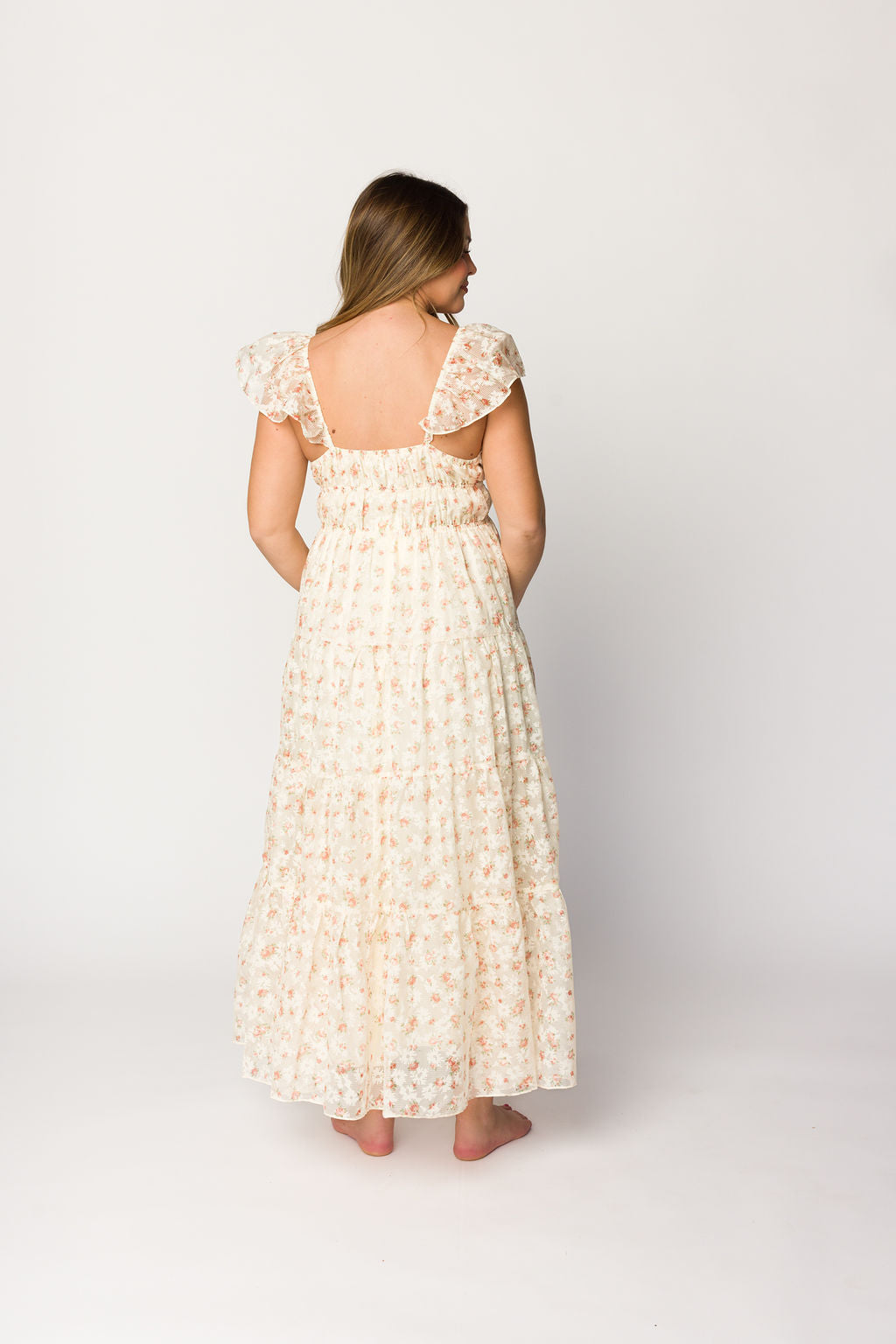 Elegant Floral & Gingham Ruffled Maxi Dress for Women - Cream Peach Summer Dress, Boho Chic Beach Wedding Guest Outfit, Perfect for Vacations & Outdoor Parties