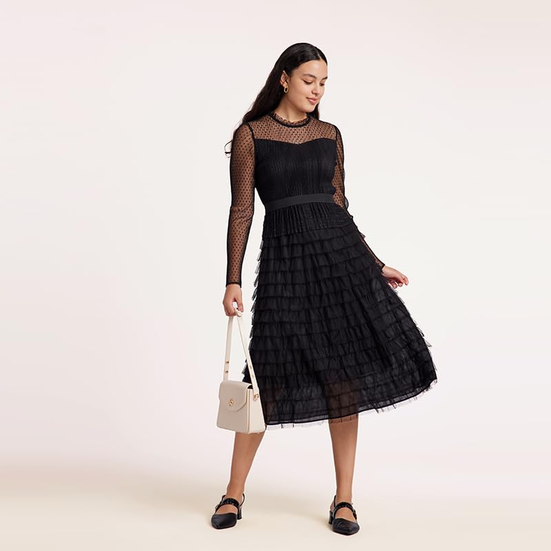 Elegant Women's Long Sleeve Mesh Layered Chiffon Midi Dress for Wedding Guest, Cocktail, Prom & Evening Party - Perfect for Formal Events, Date Nights & Special Occasions