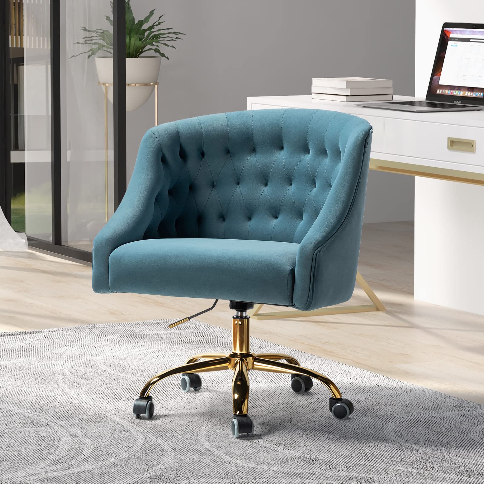 Velvet Home Office Chair with Gold Base - Adjustable Swivel Task Chair for Living Room, Bedroom & Study - Modern Comfortable Desk Chair in Blue | Perfect for Working from Home, Gaming & Vanity Areas