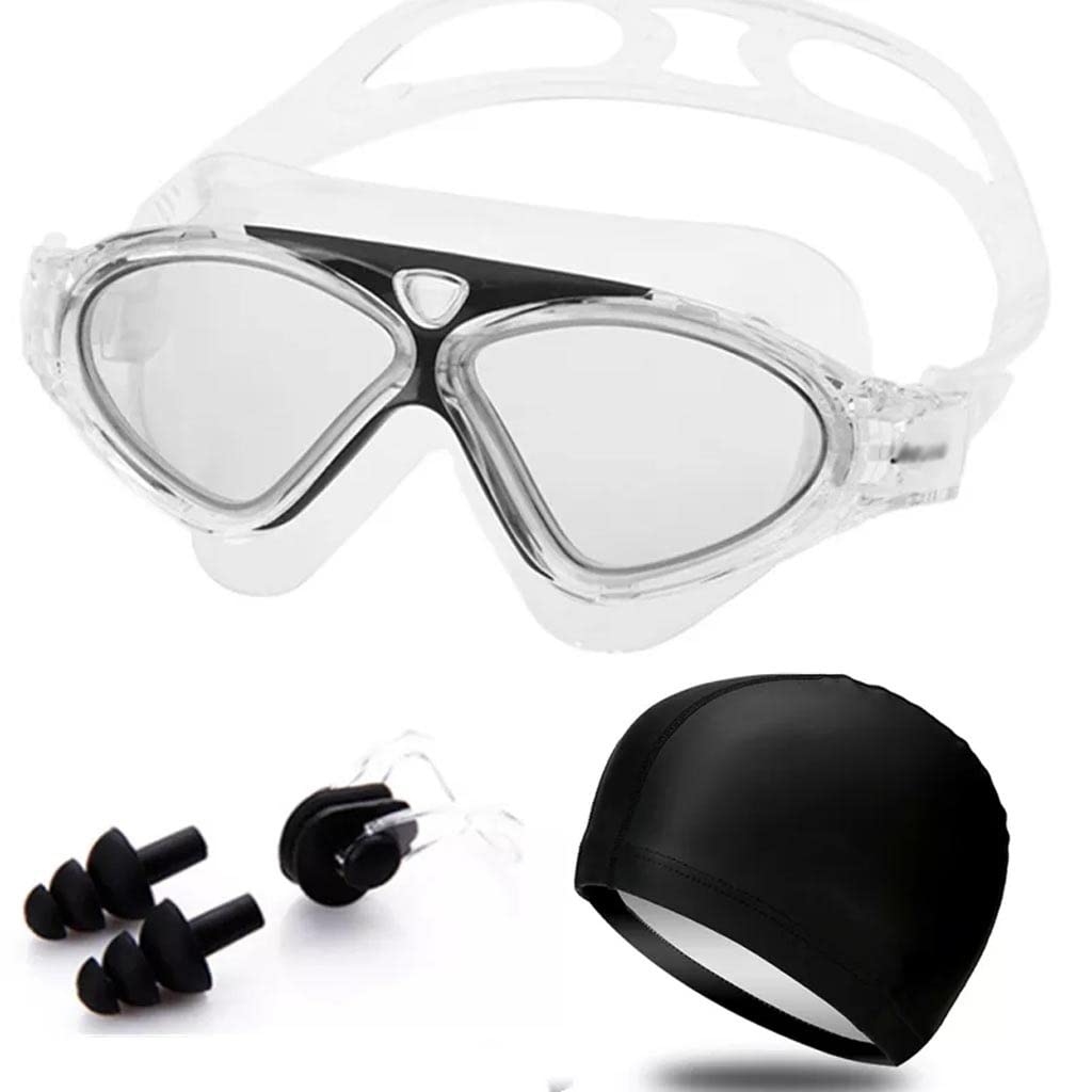 Anti-Fog Swimming Goggles for Adults - Waterproof Swim Glasses with Earplugs & Swim Cap - Men & Women Sports Diving Eyewear (Black, One Size) - Perfect for Pool Training, Competitive Swimming & Snorkeling