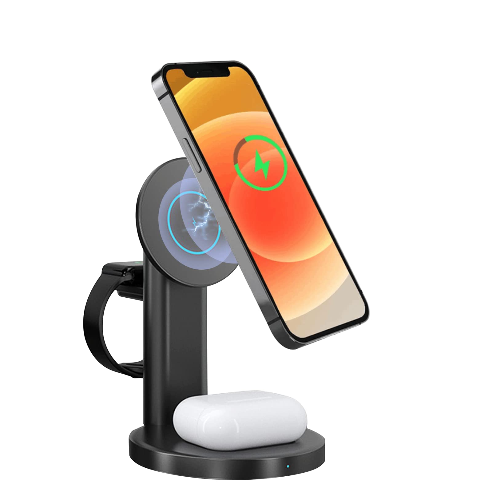 3 in 1 Wireless Charging Station for iPhone 12/13 Series, iWatch 6/SE/5/4/3/2 & AirPods 2/Pro - Fast Magnetic Phone Charger Stand with Qi Certification - Perfect for Bedside, Office Desk & Travel (Black)
