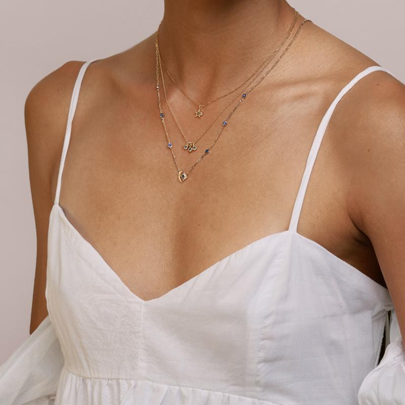 Moon and Star Charm Sapphire Starburst Necklace - Elegant Celestial Jewelry for Women | Perfect for Date Nights, Weddings & Special Occasions