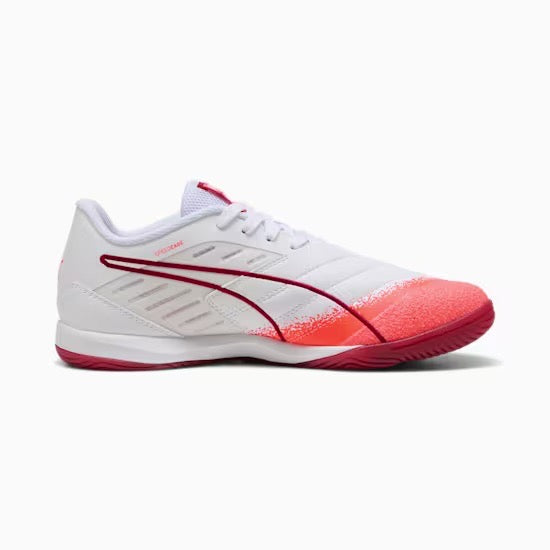 Puma Ibero IV IN Football Cleats for Men - White/Glowing Red/Dark Crimson Soccer Shoes | Lightweight & Durable for Turf & Artificial Grass Fields